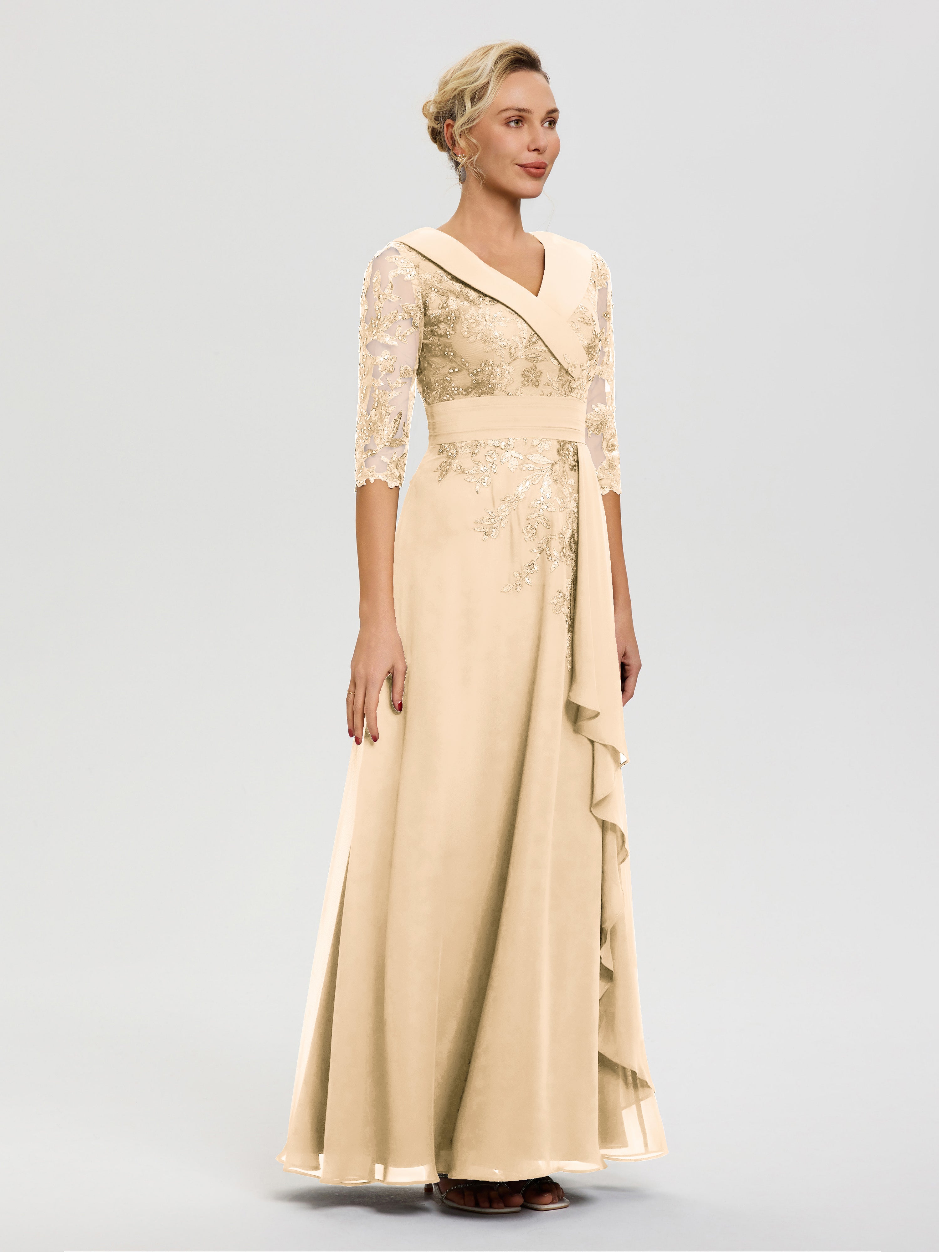Robe Mère Mariee Peche Col V Mousseline&Dentelle Robe Cérémonie Mère De La Mariée