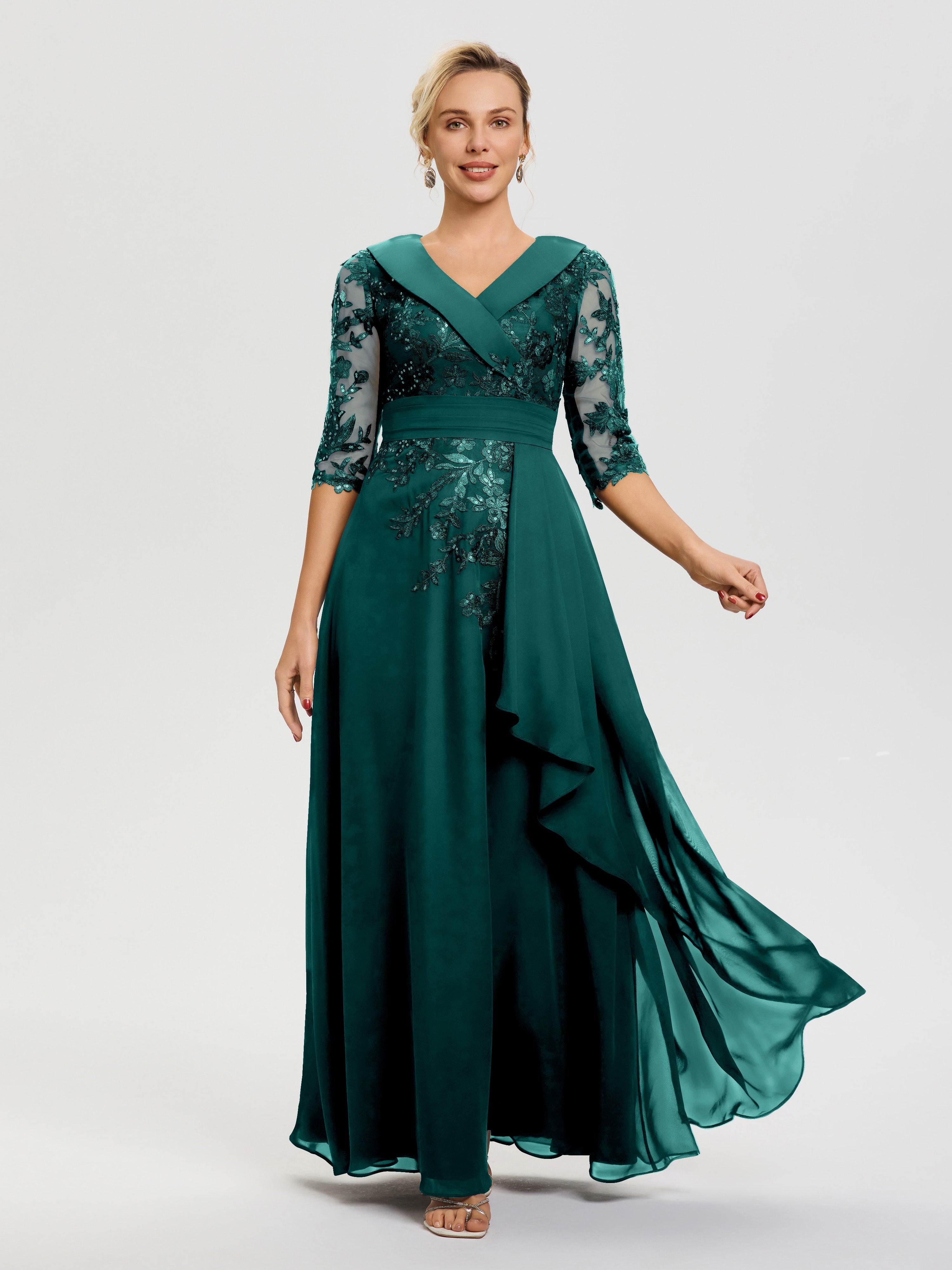 Robe Mère De La Mariée Chic Paon Col V Mousseline&Dentelle robe cérémonie mère de la mariée