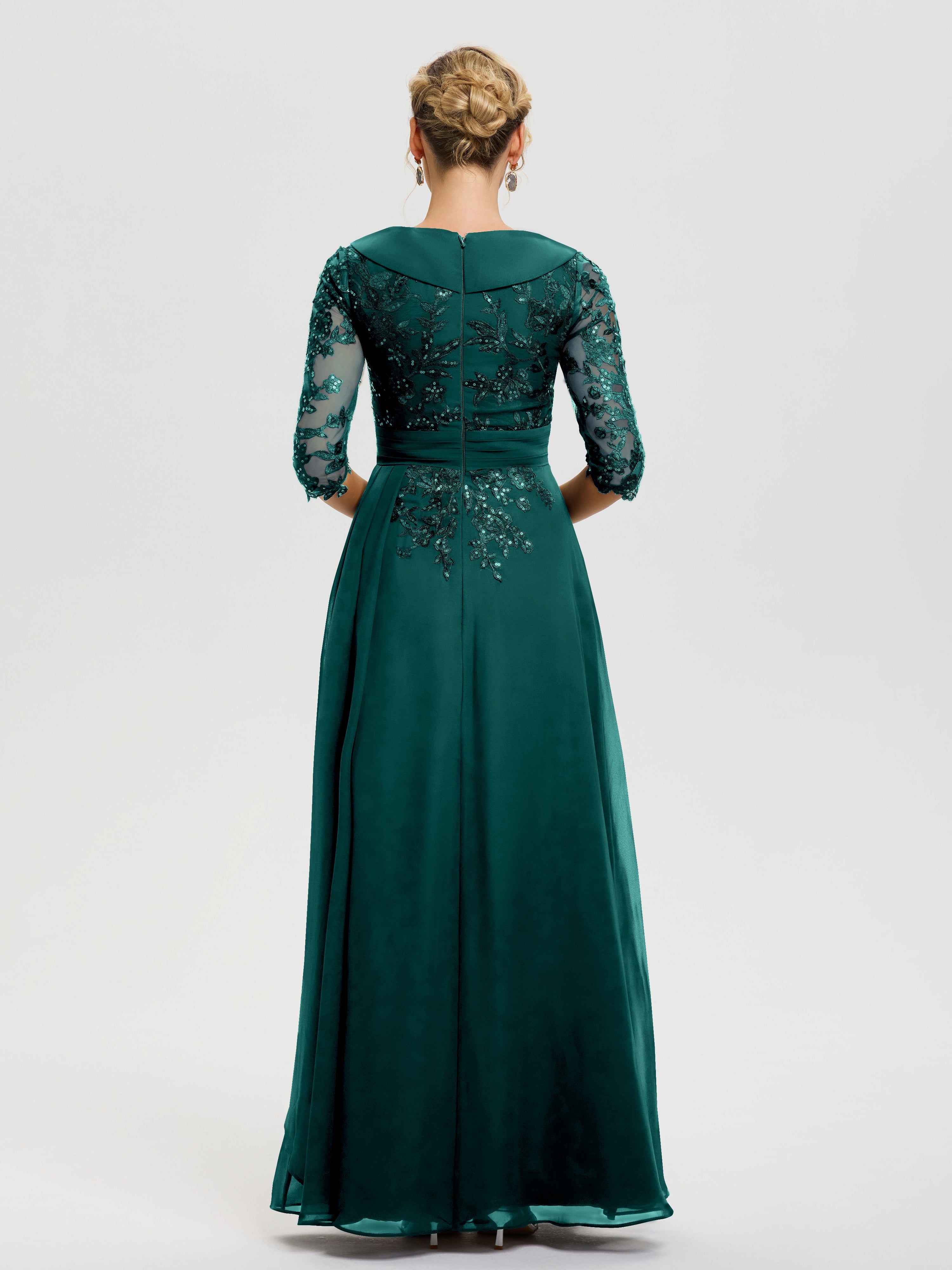 Robe Mère De La Mariée Chic Paon Col V Mousseline&Dentelle robe cérémonie mère de la mariée