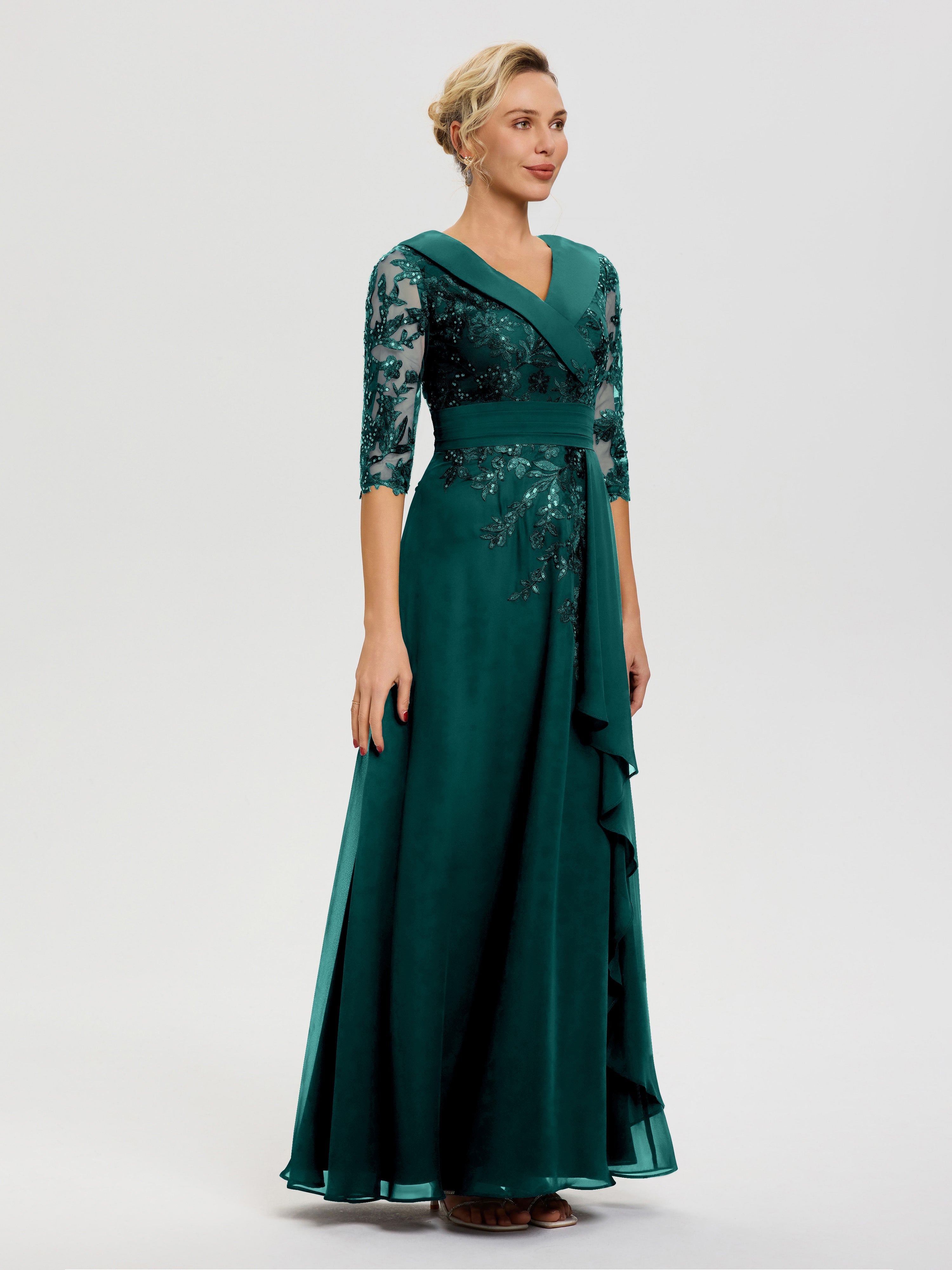 Robe Mère De La Mariée Chic Paon Col V Mousseline&Dentelle robe cérémonie mère de la mariée
