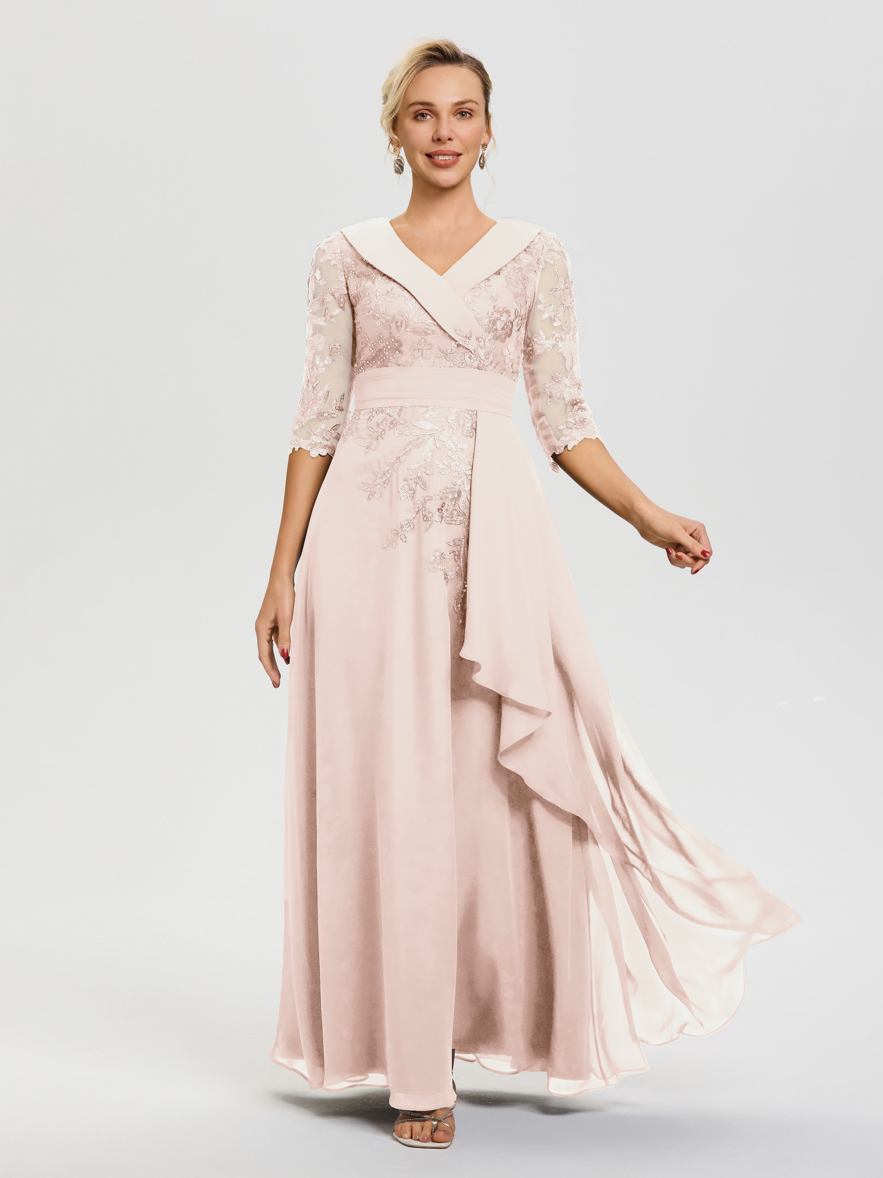 Robe Cérémonie Mère De La Mariée Rose Perle Col V Mousseline&Dentelle Robe Cérémonie Mère De La Mariée