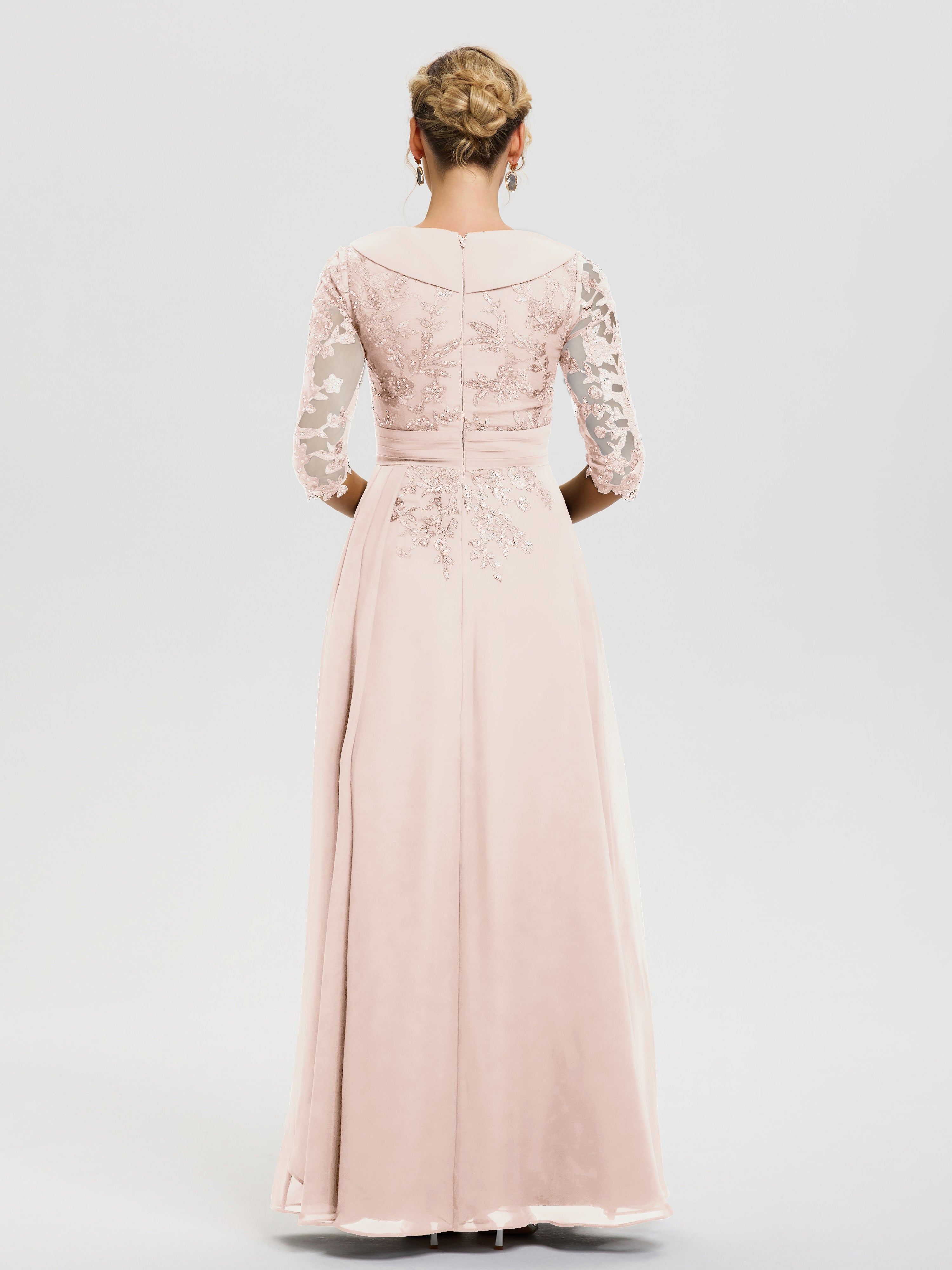 Robe Cérémonie Mère De La Mariée Rose Perle Col V Mousseline&Dentelle Robe Cérémonie Mère De La Mariée
