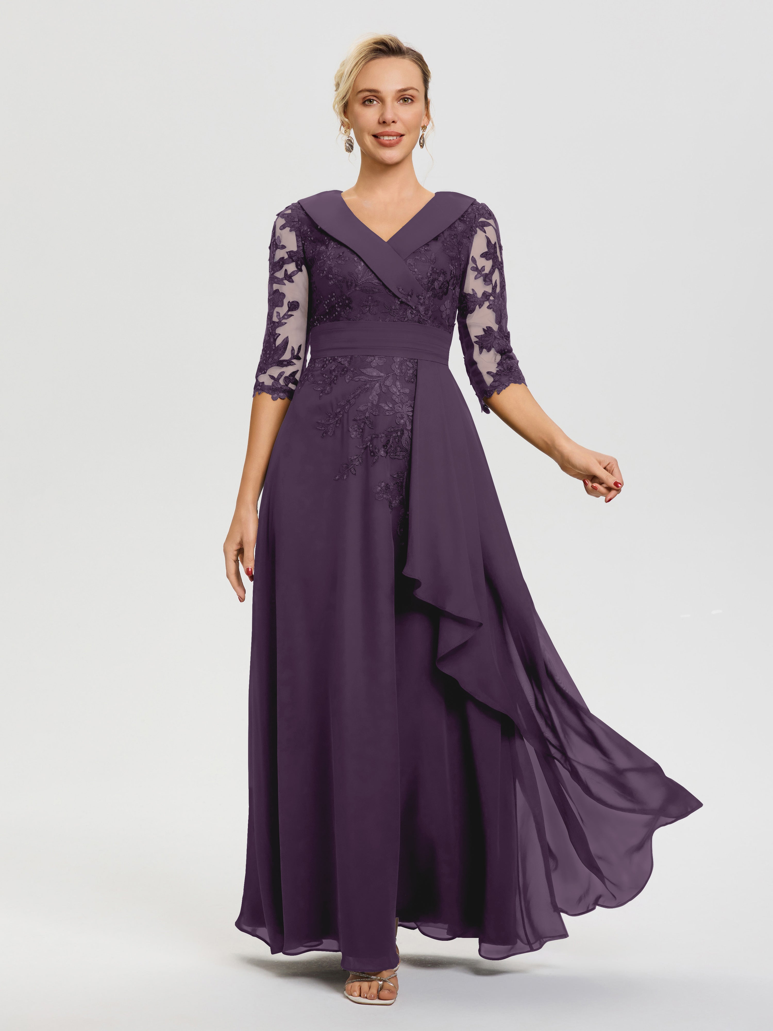 Robe Cérémonie Mère De La Mariée Plum Col V Mousseline&Dentelle Robe Cérémonie Mère De La Mariée