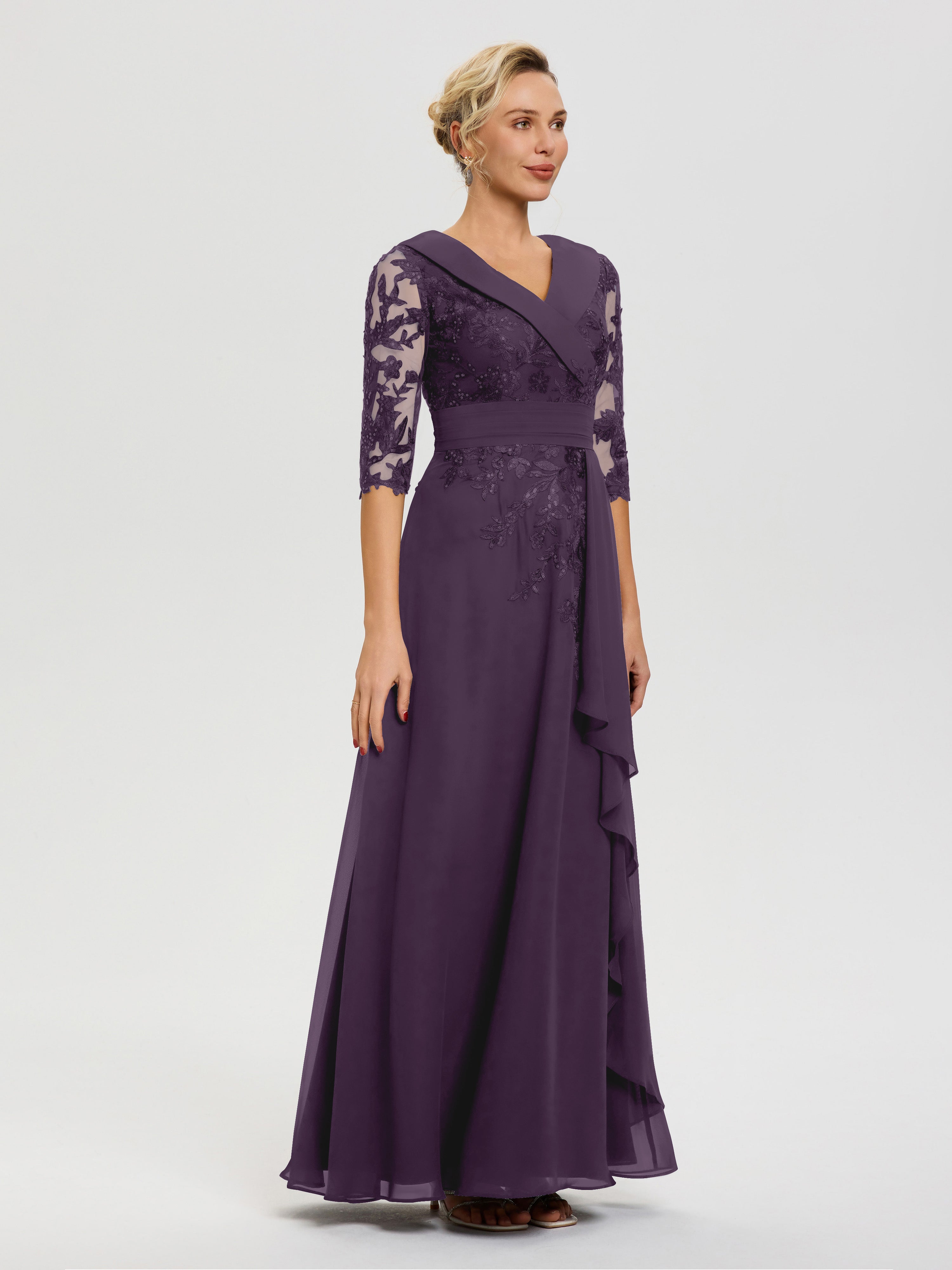 Robe Cérémonie Mère De La Mariée Plum Col V Mousseline&Dentelle Robe Cérémonie Mère De La Mariée