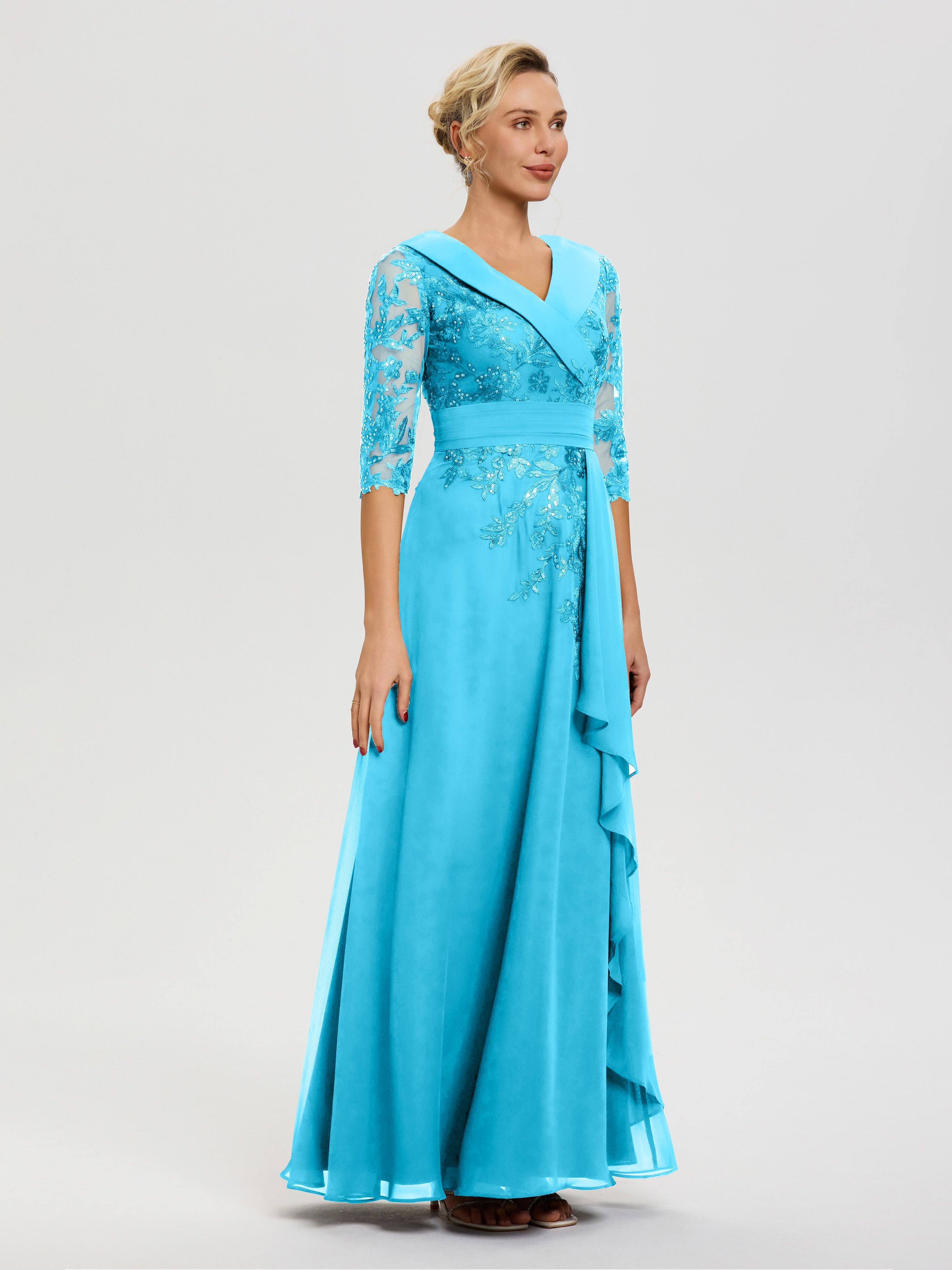 Robe Cérémonie Mère De La Mariée Piscine Col V Mousseline&Dentelle Robe Cérémonie Mère De La Mariée