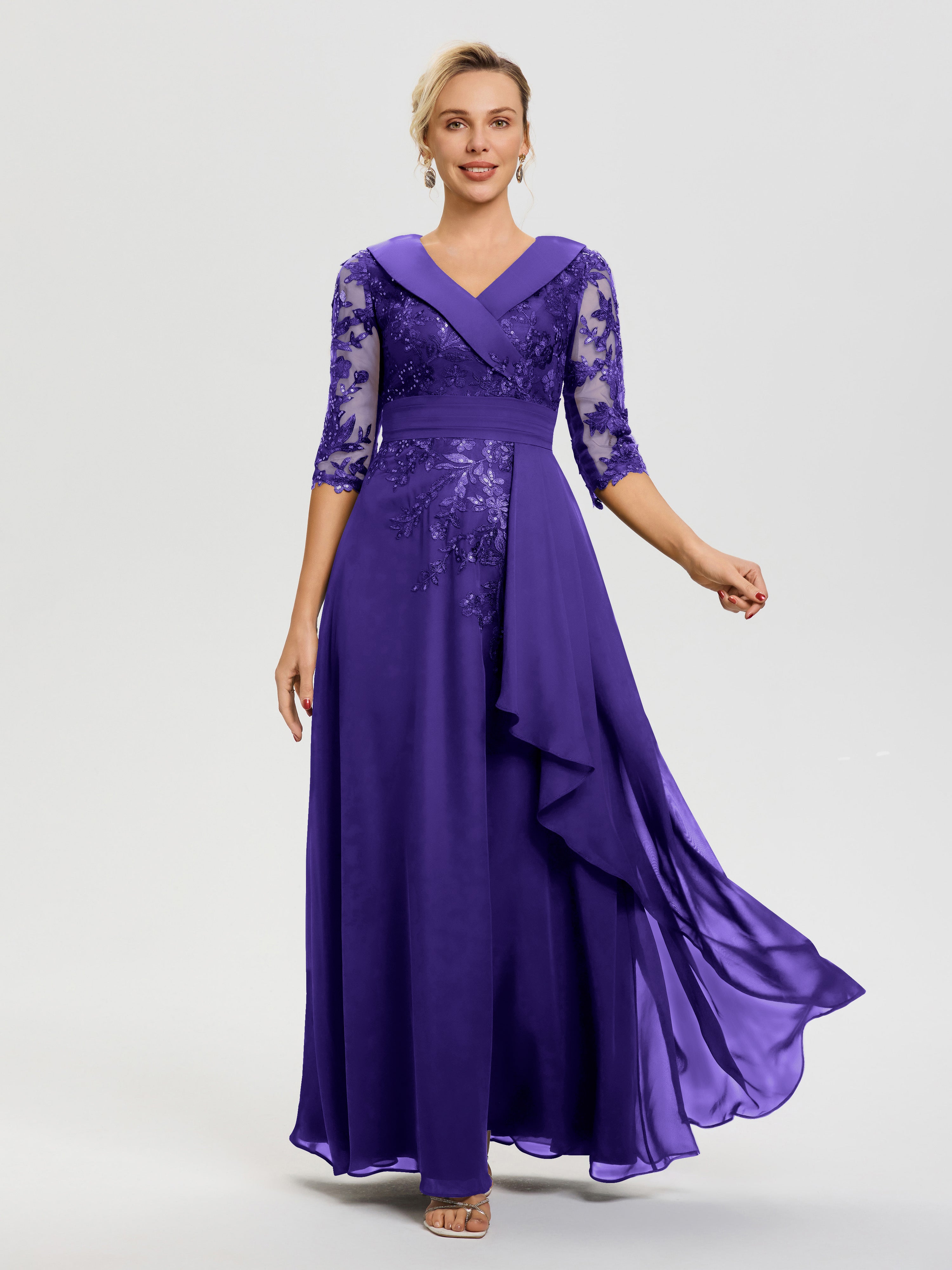 Robe Cérémonie Mère De La Mariée Régence Col V Mousseline&Dentelle Robe Cérémonie Mère De La Mariée