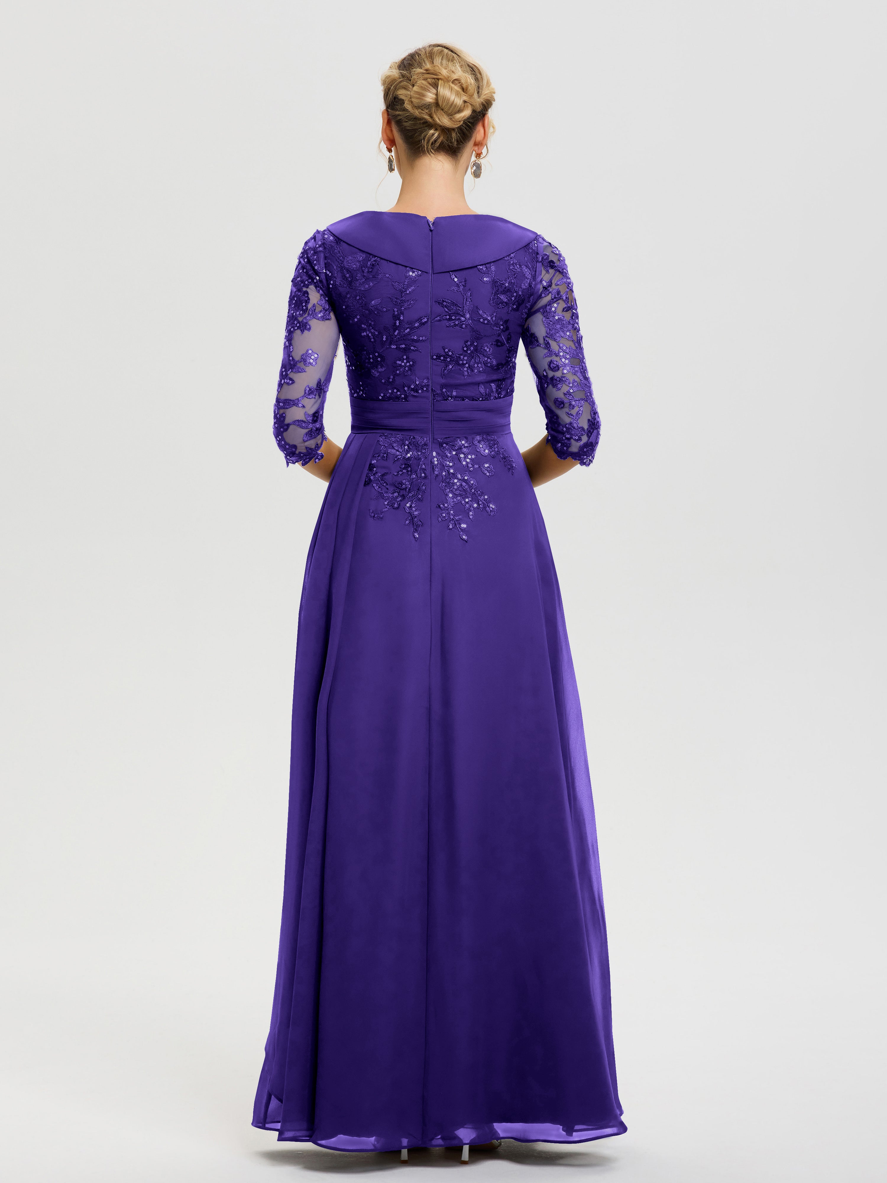 Robe Cérémonie Mère De La Mariée Régence Col V Mousseline&Dentelle Robe Cérémonie Mère De La Mariée