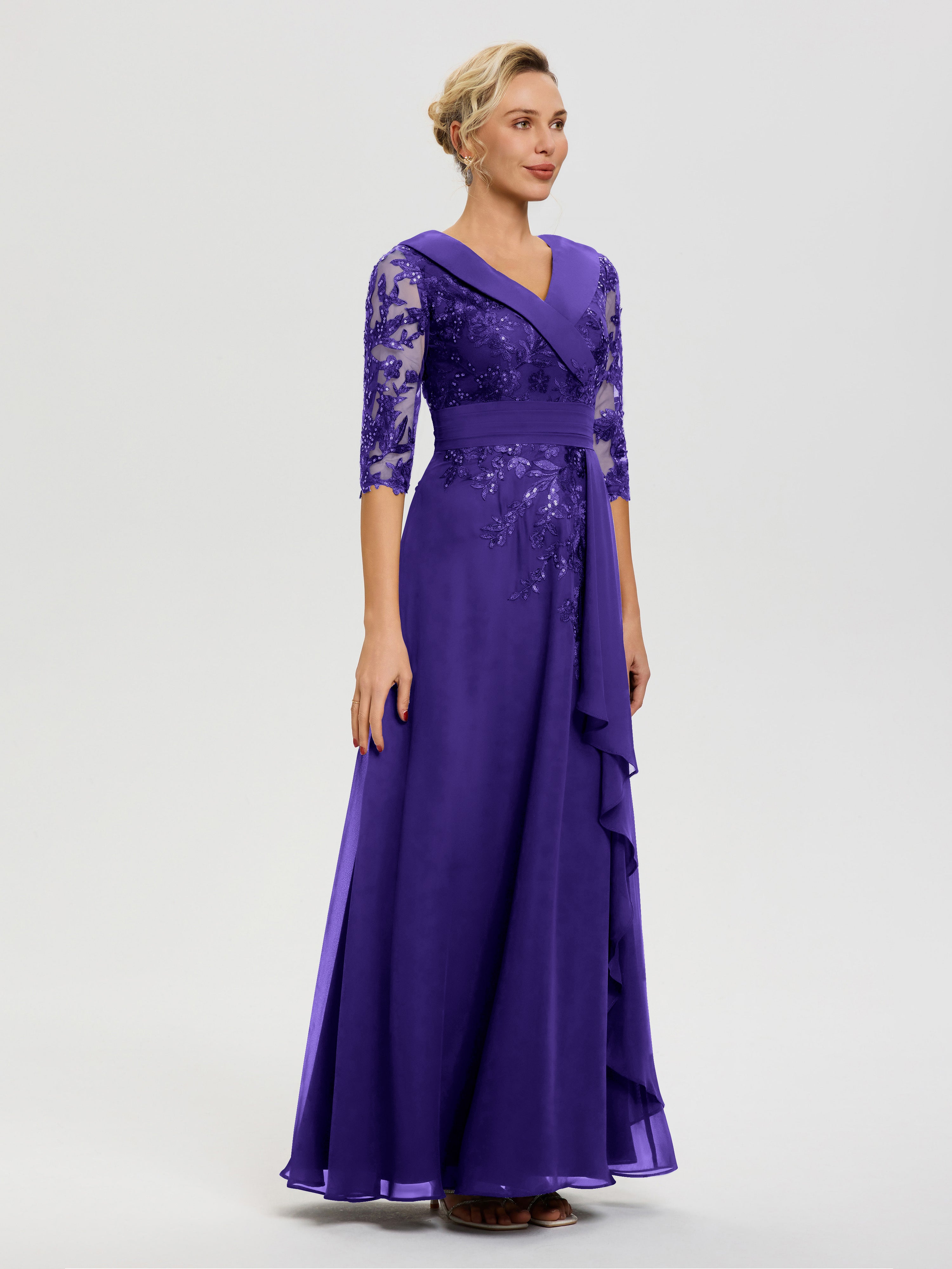 Robe Cérémonie Mère De La Mariée Régence Col V Mousseline&Dentelle Robe Cérémonie Mère De La Mariée