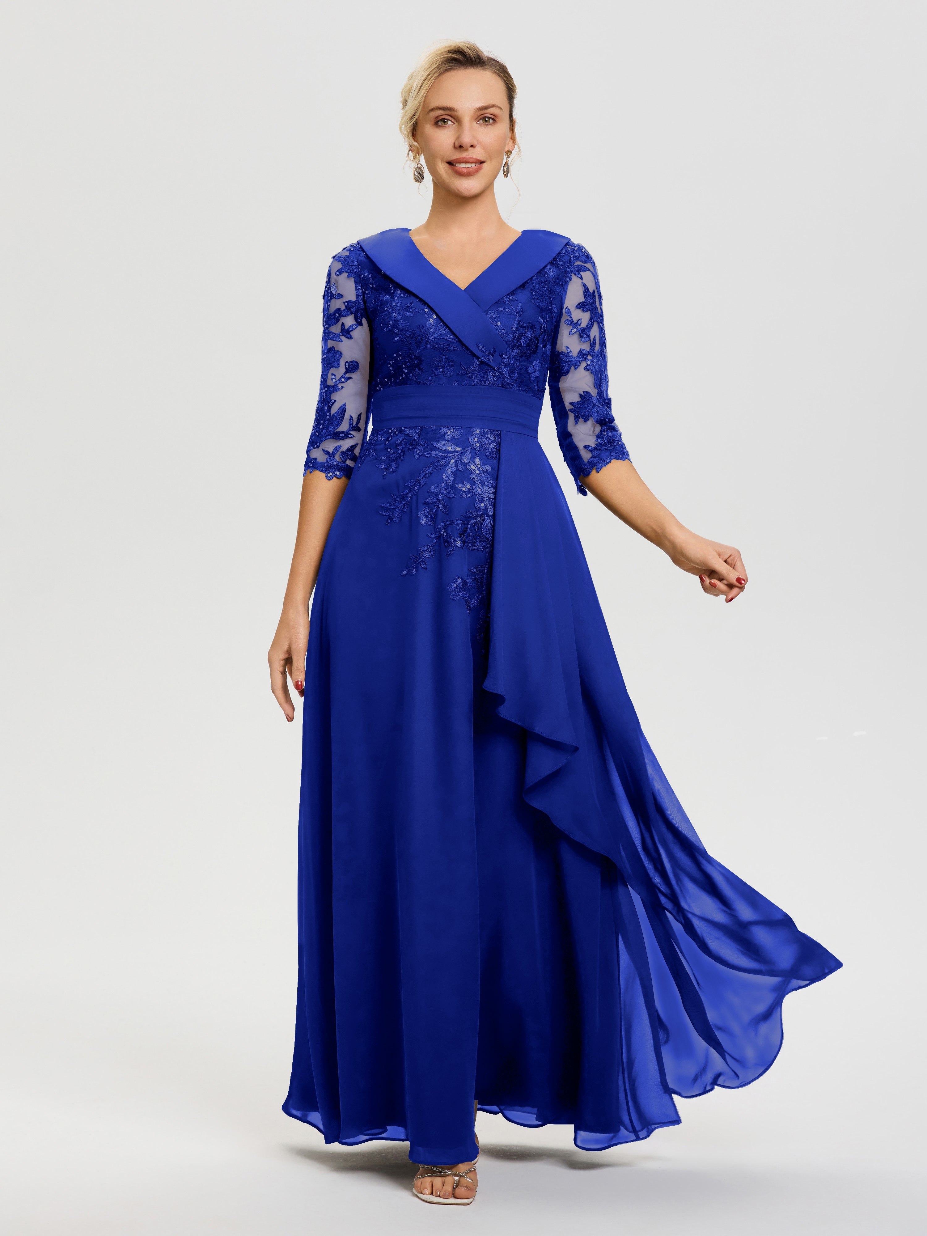 Robe Mère De La Mariée Bleu Royale Col V Mousseline&Dentelle Robe Cérémonie Mère De La Mariée