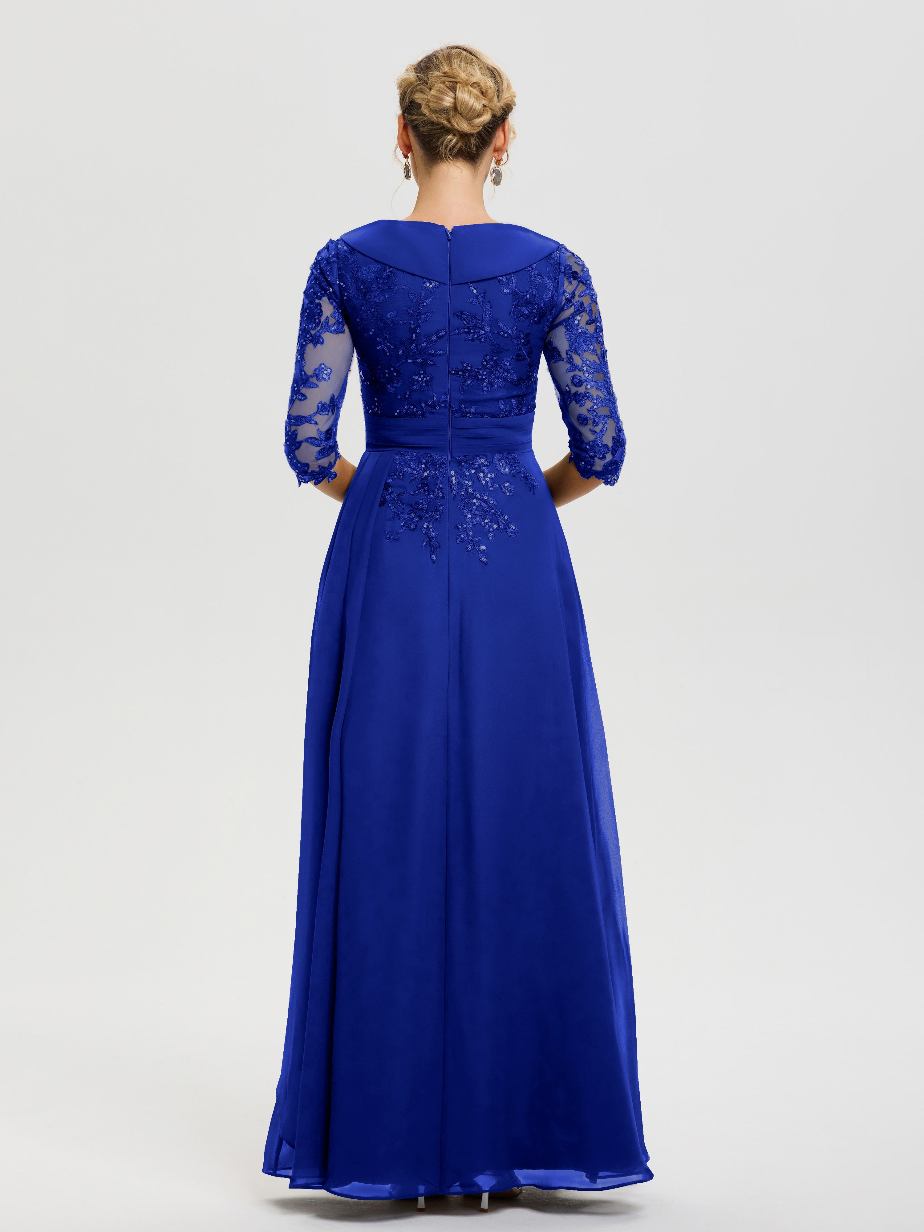 Robe Mère De La Mariée Bleu Royale Col V Mousseline&Dentelle Robe Cérémonie Mère De La Mariée