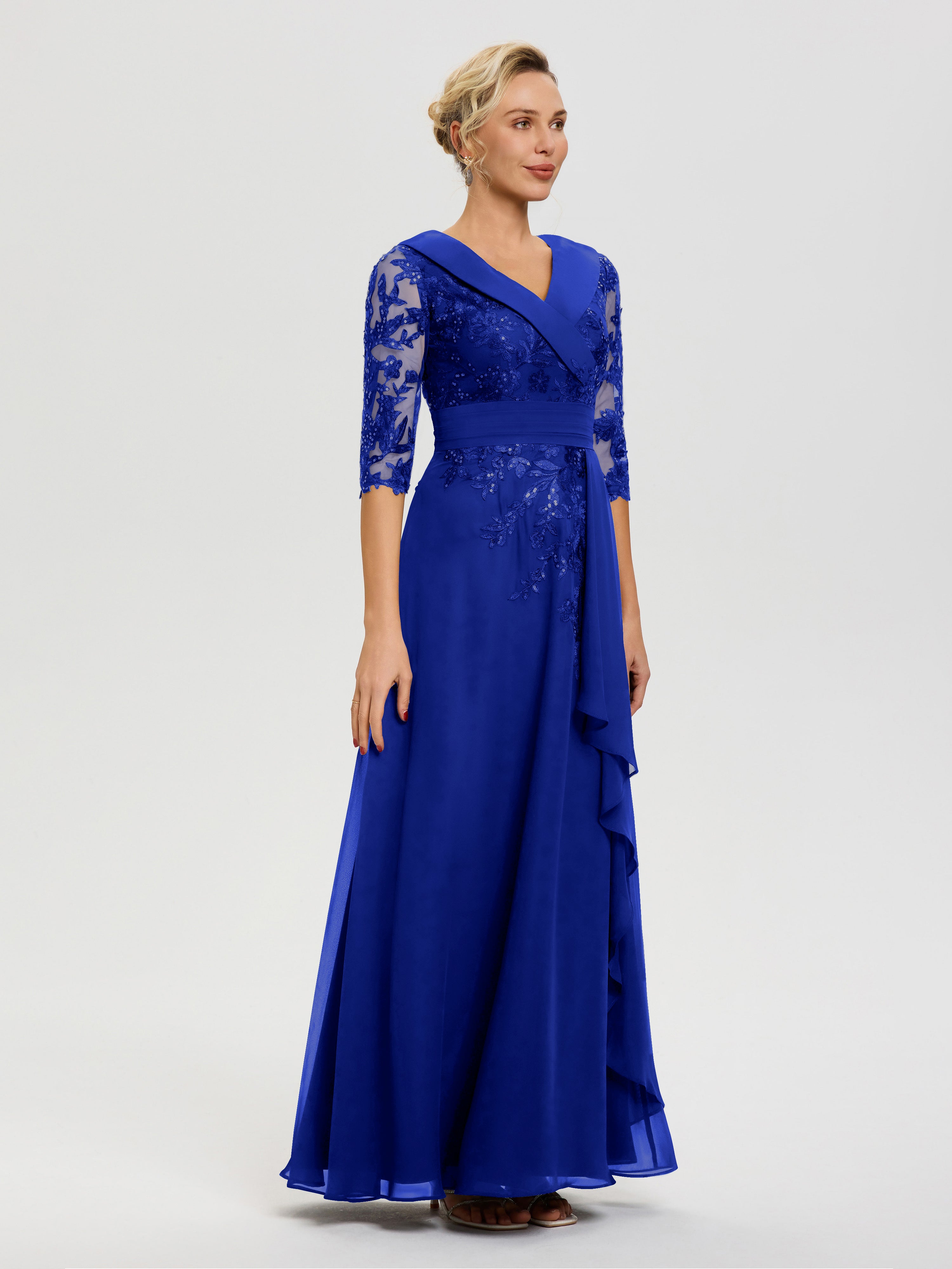 Robe Mère De La Mariée Bleu Royale Col V Mousseline&Dentelle Robe Cérémonie Mère De La Mariée