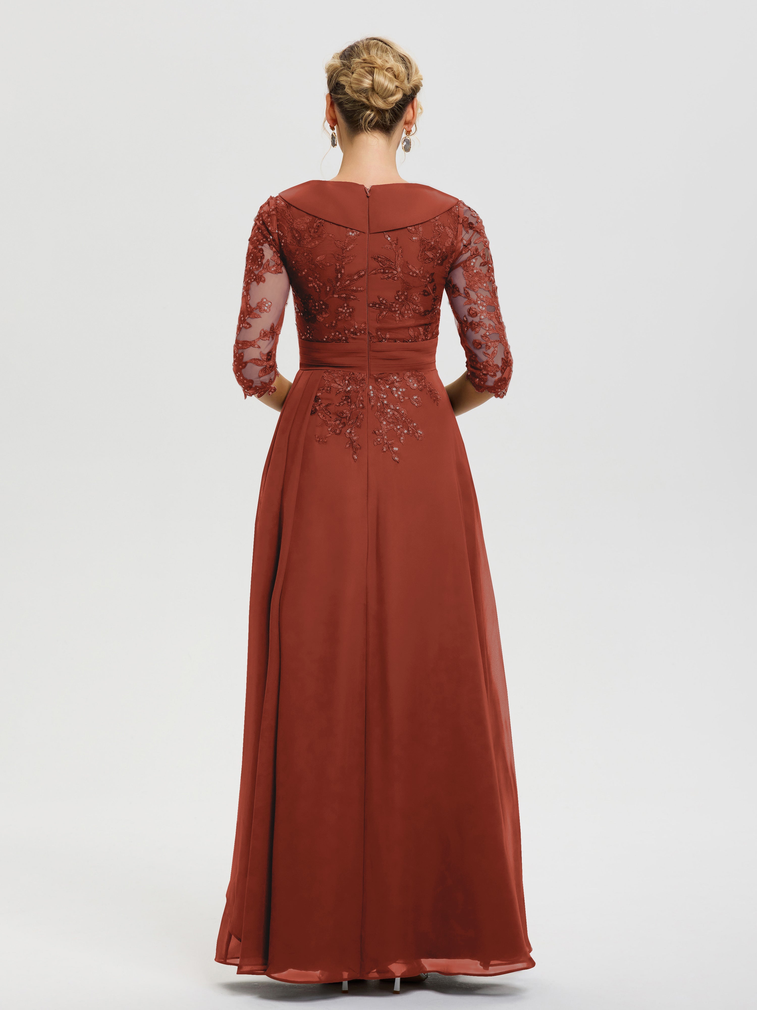 Robe Cérémonie Mère De La Mariée Rouille Col V Mousseline&Dentelle Robe Cérémonie Mère De La Mariée