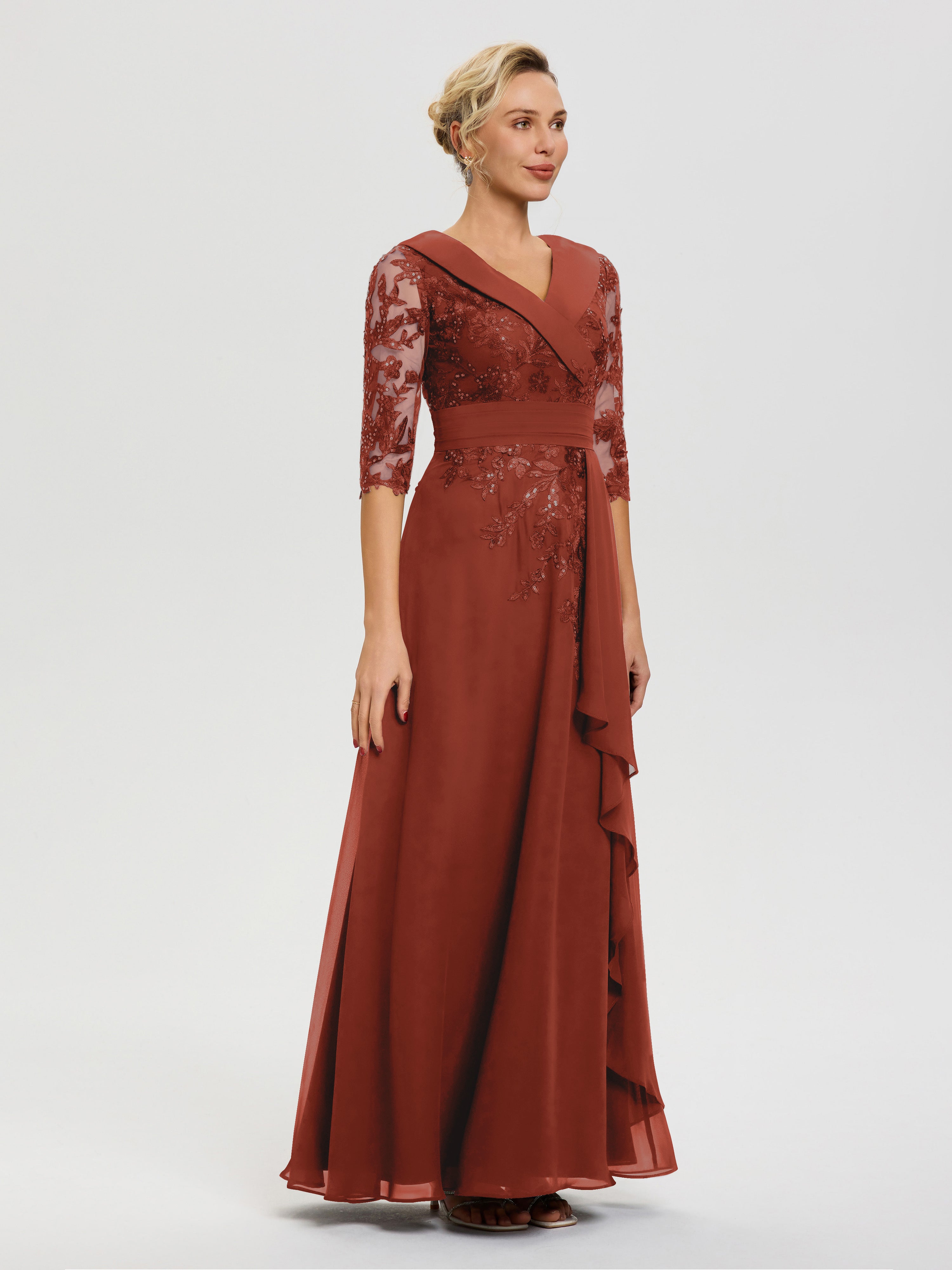 Robe Cérémonie Mère De La Mariée Rouille Col V Mousseline&Dentelle Robe Cérémonie Mère De La Mariée