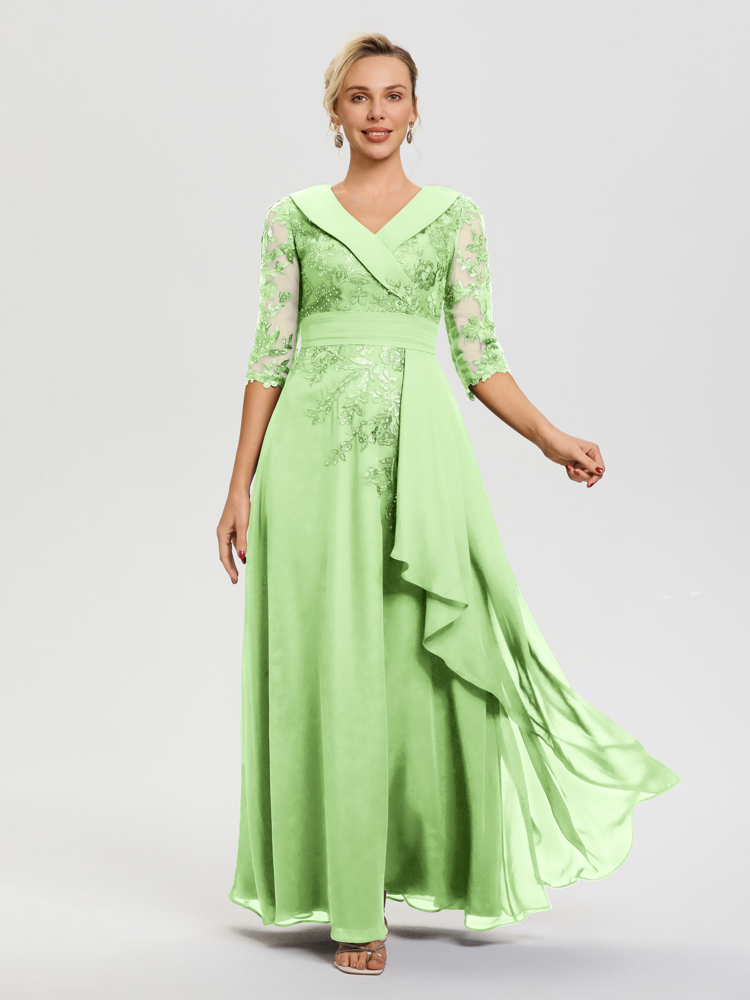 Robe Mère Mariee Sauge Col V Mousseline&Dentelle Robe Cérémonie Mère De La Mariée