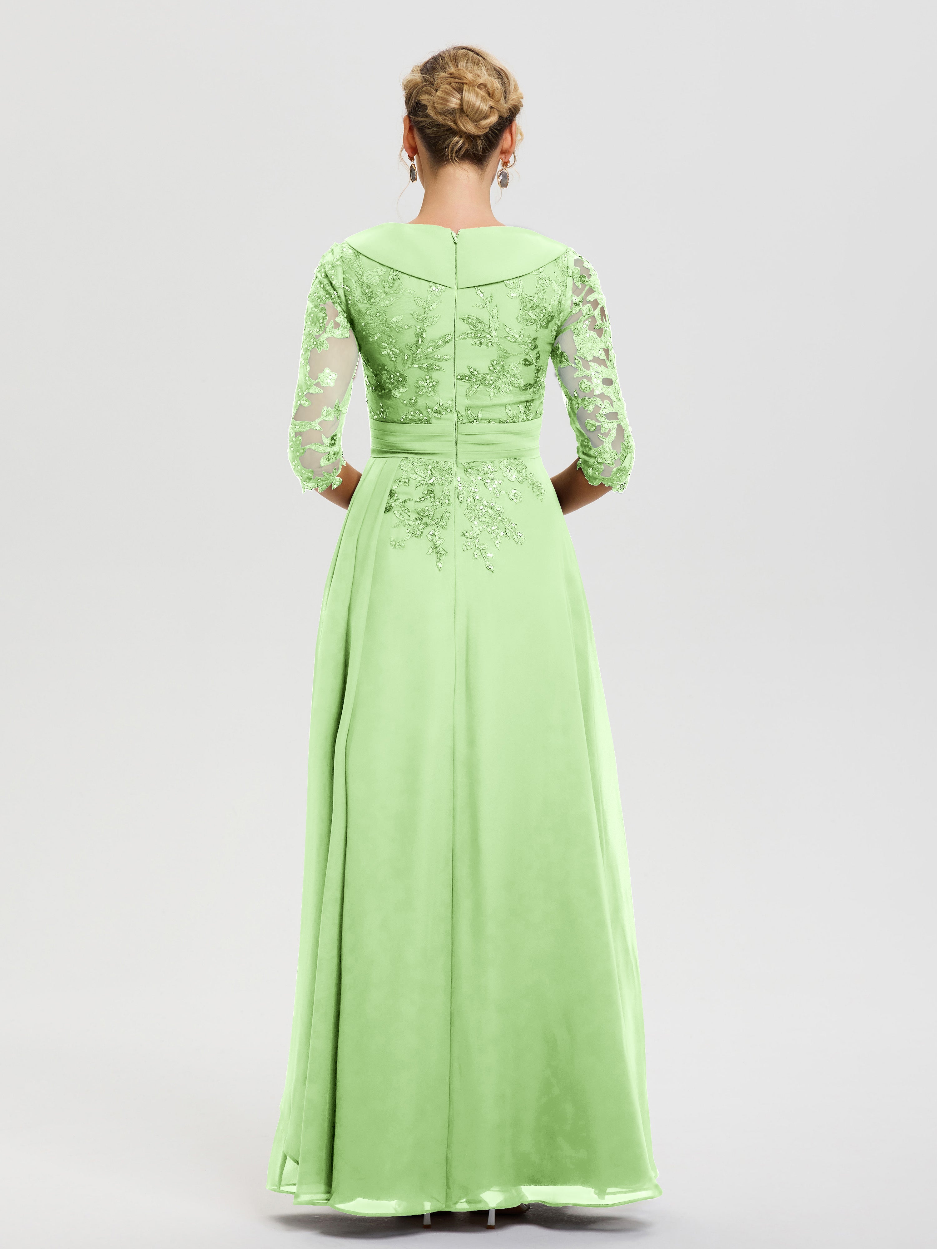 Robe Mère Mariee Sauge Col V Mousseline&Dentelle Robe Cérémonie Mère De La Mariée