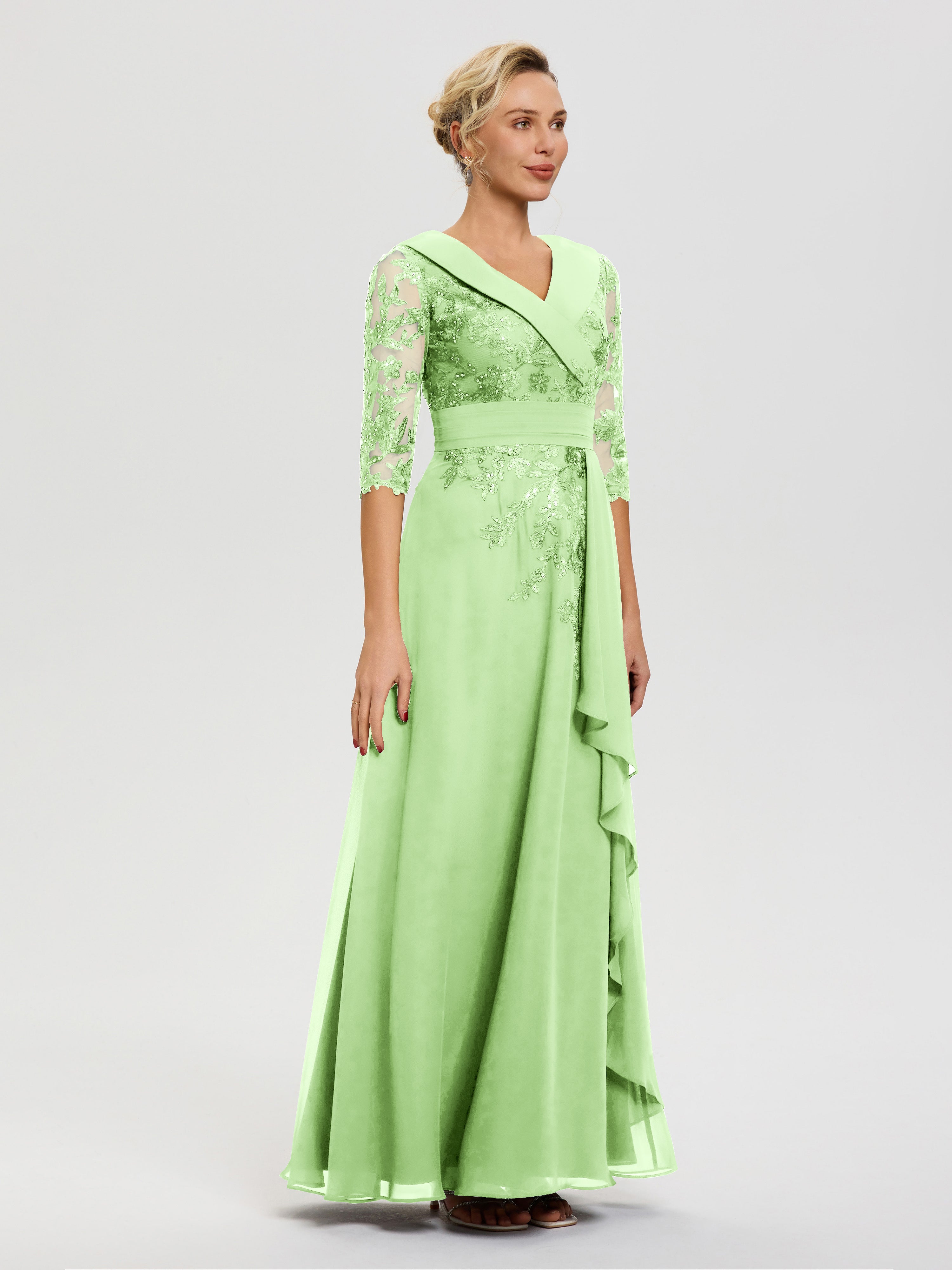 Robe Mère Mariee Sauge Col V Mousseline&Dentelle Robe Cérémonie Mère De La Mariée