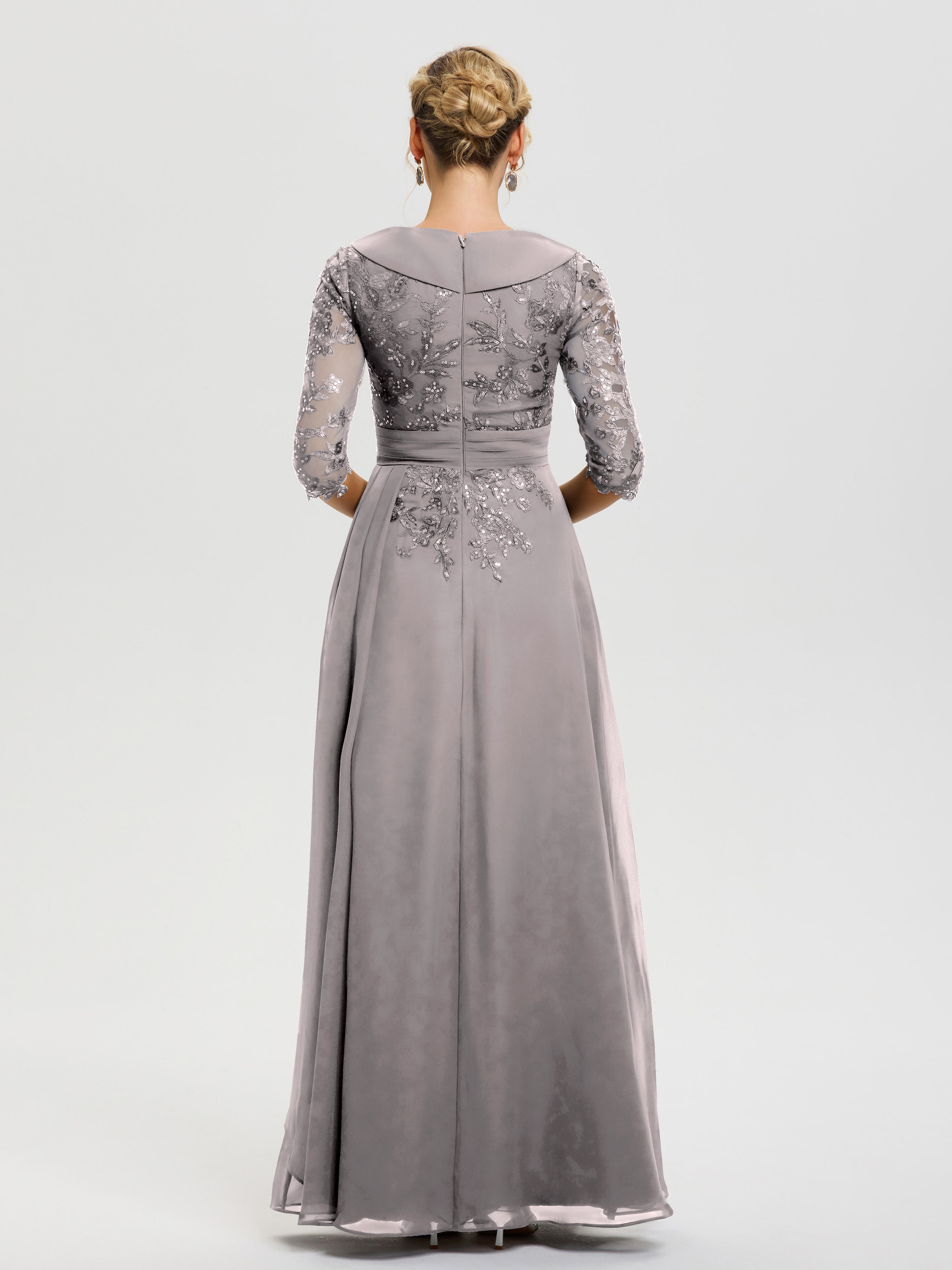 Robe Mère De La Mariée Argent Col V Mousseline&Dentelle Robe Cérémonie Mère De La Mariée