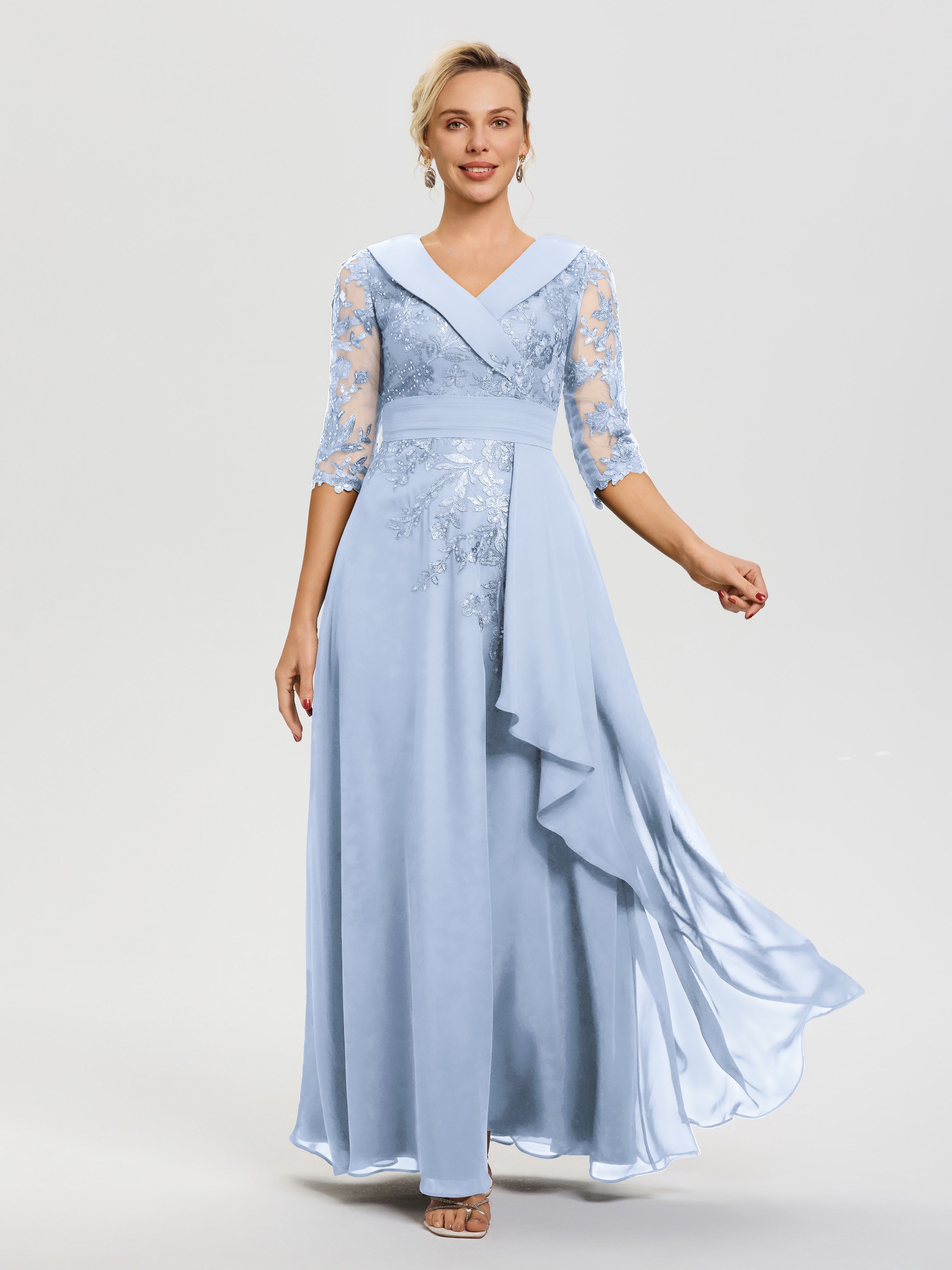Robe Mère De La Mariée Bleu Ciel Col V Mousseline&Dentelle Robe Cérémonie Mère De La Mariée
