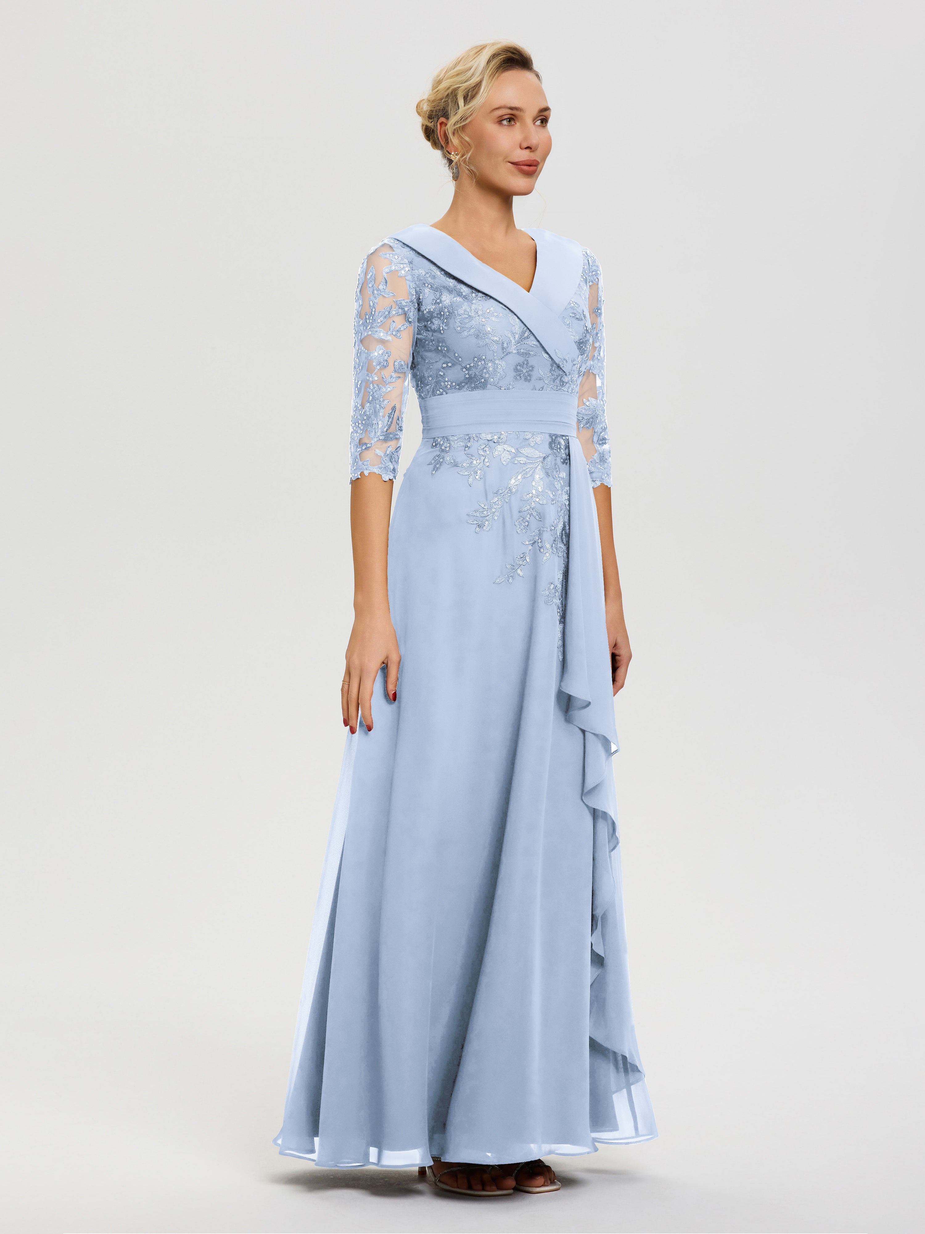 Robe Mère De La Mariée Bleu Ciel Col V Mousseline&Dentelle Robe Cérémonie Mère De La Mariée