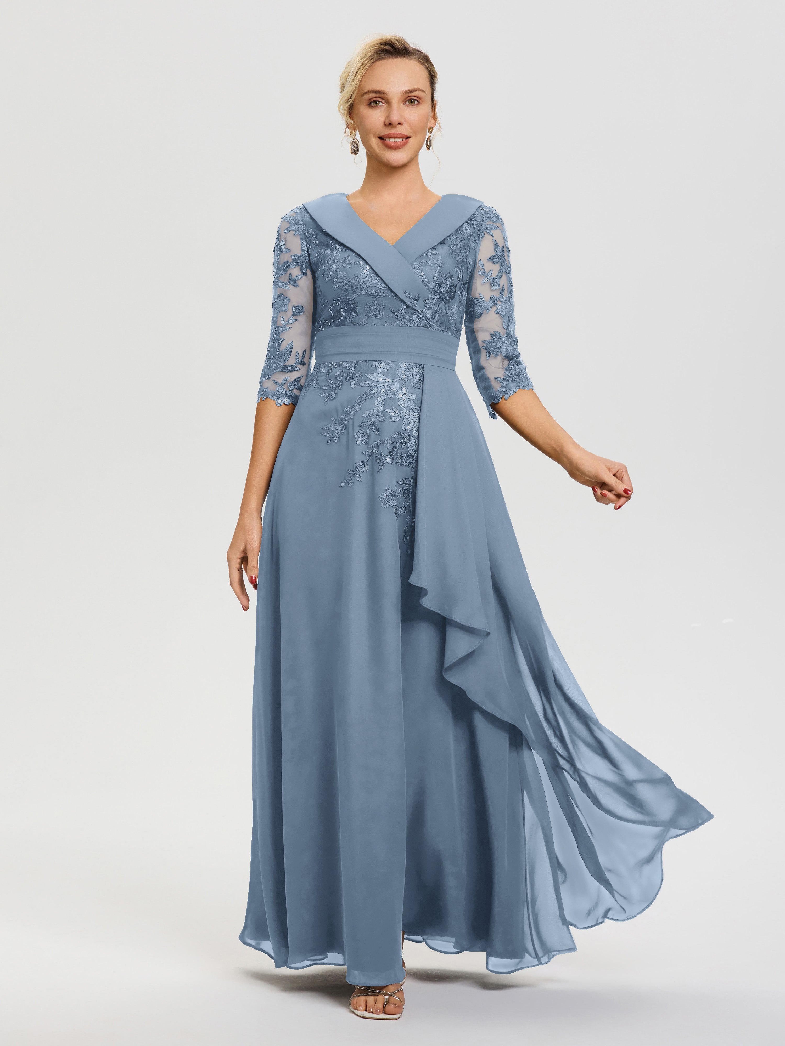 Robe Mère Marié Bleu De Schiste Col-V-Mousseline-Dentelle-Robe-Ceremonie-Mere-De-La-Mariee