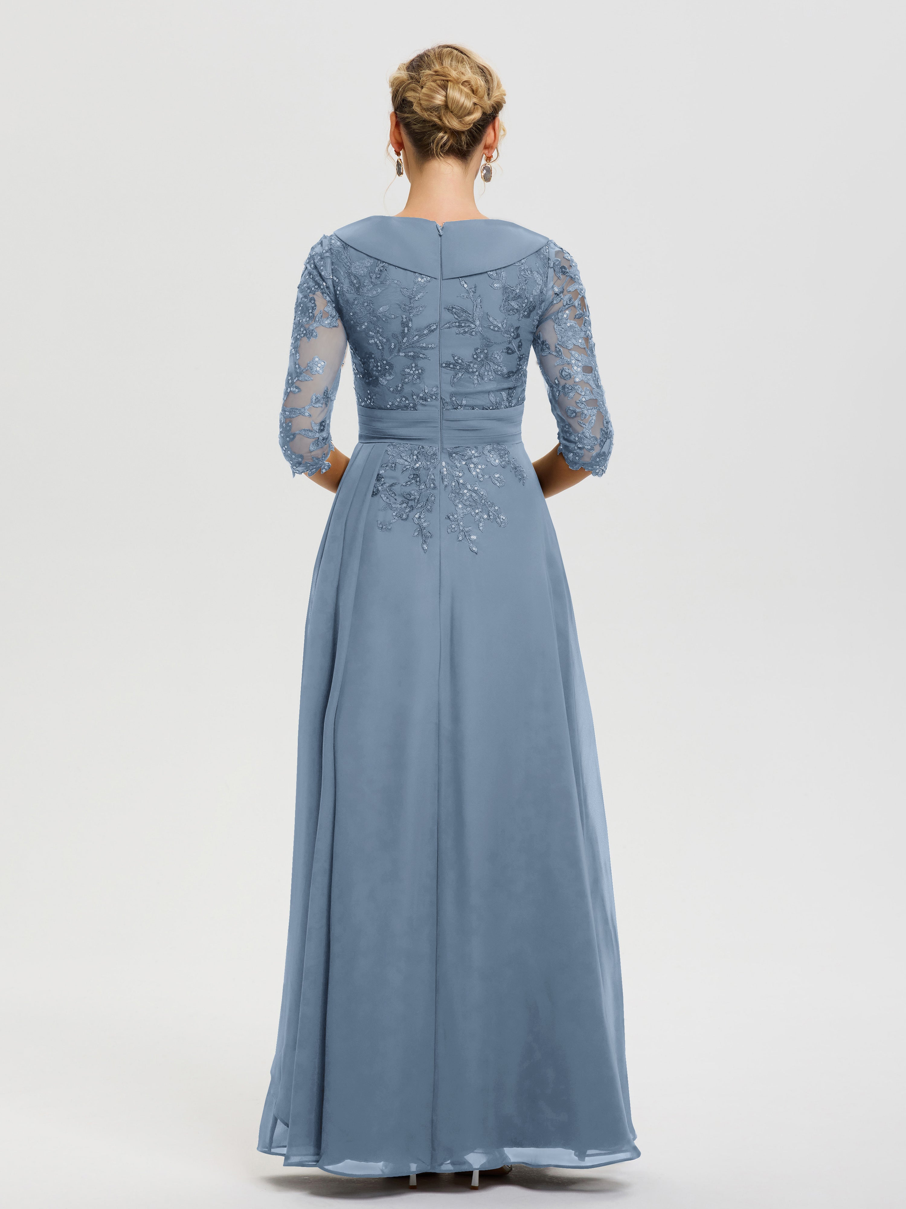 Robe Mère Marié Bleu De Schiste Col-V-Mousseline-Dentelle-Robe-Ceremonie-Mere-De-La-Mariee