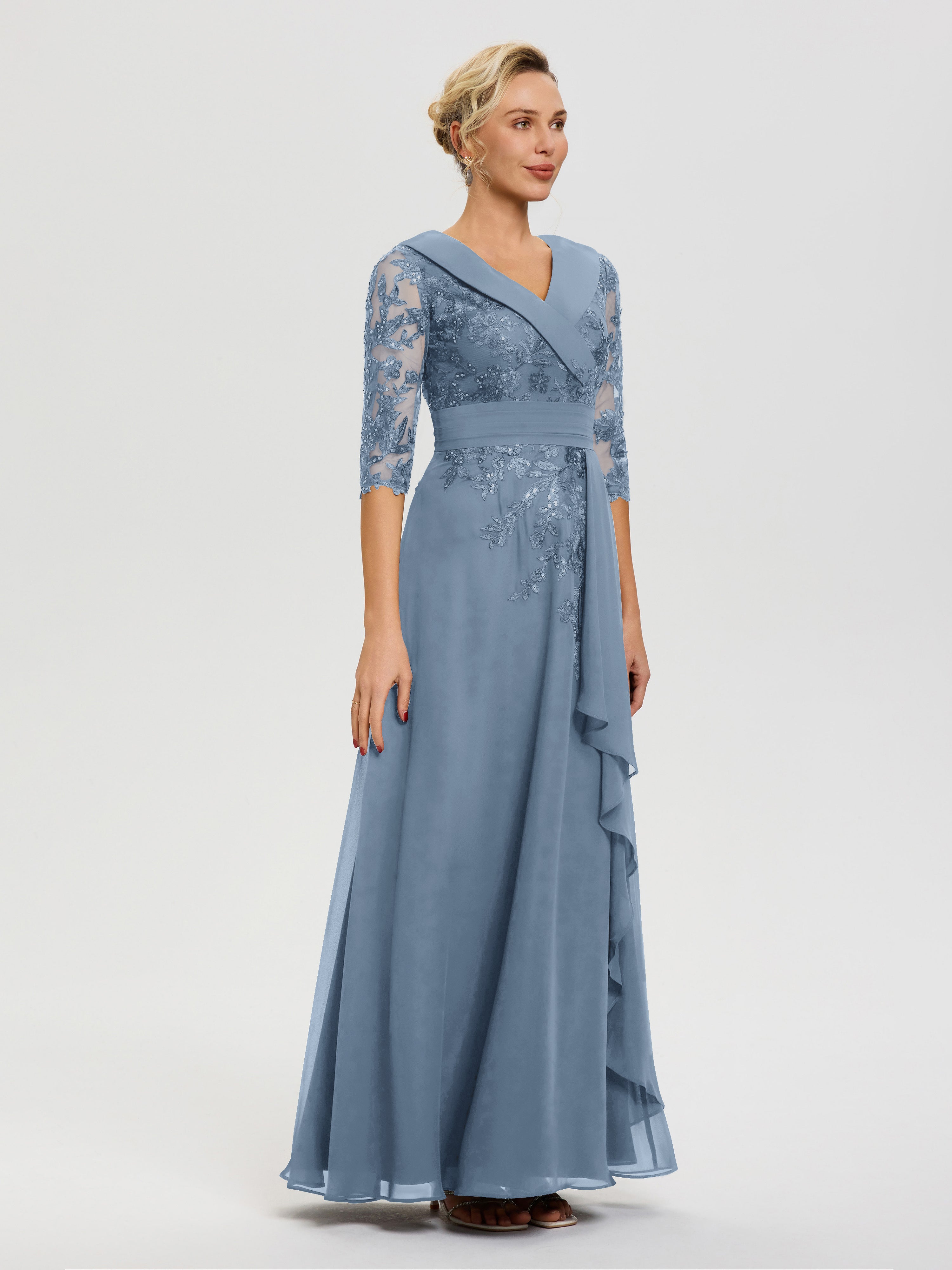 Robe Mère Marié Bleu De Schiste Col-V-Mousseline-Dentelle-Robe-Ceremonie-Mere-De-La-Mariee