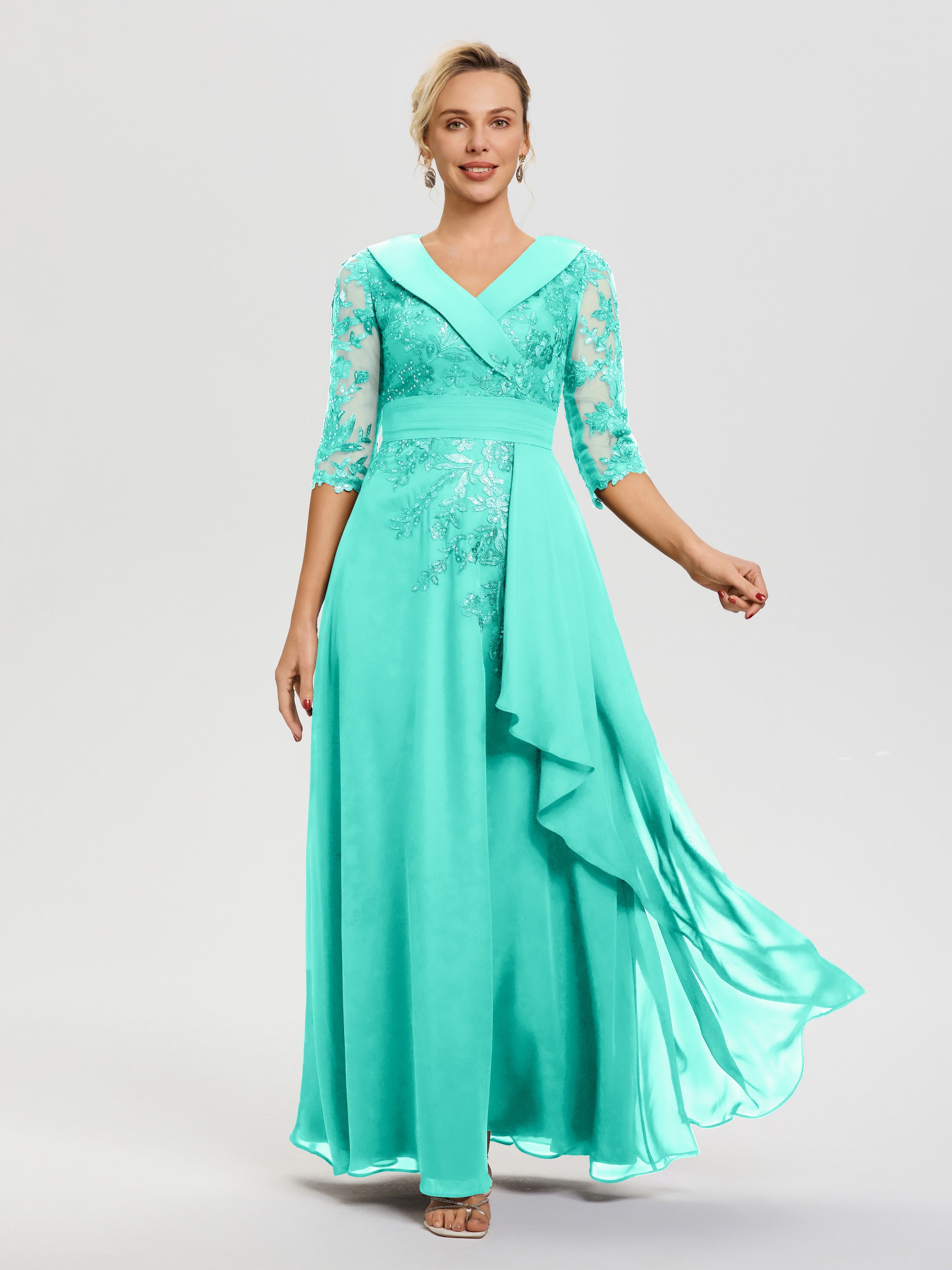 Robe Mère Mariee Spa Col V Mousseline&Dentelle Robe Cérémonie Mère De La Mariée