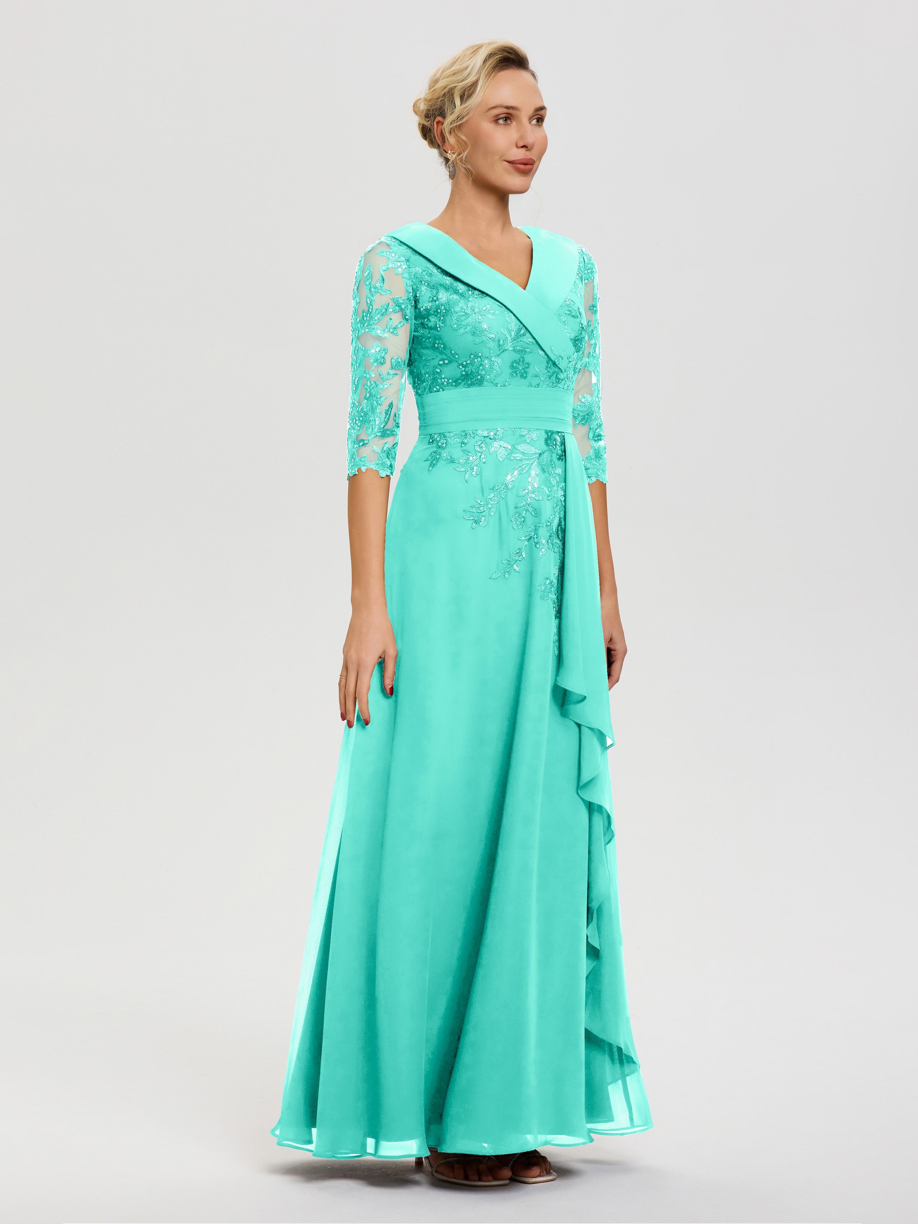 Robe Mère Mariee Spa Col V Mousseline&Dentelle Robe Cérémonie Mère De La Mariée