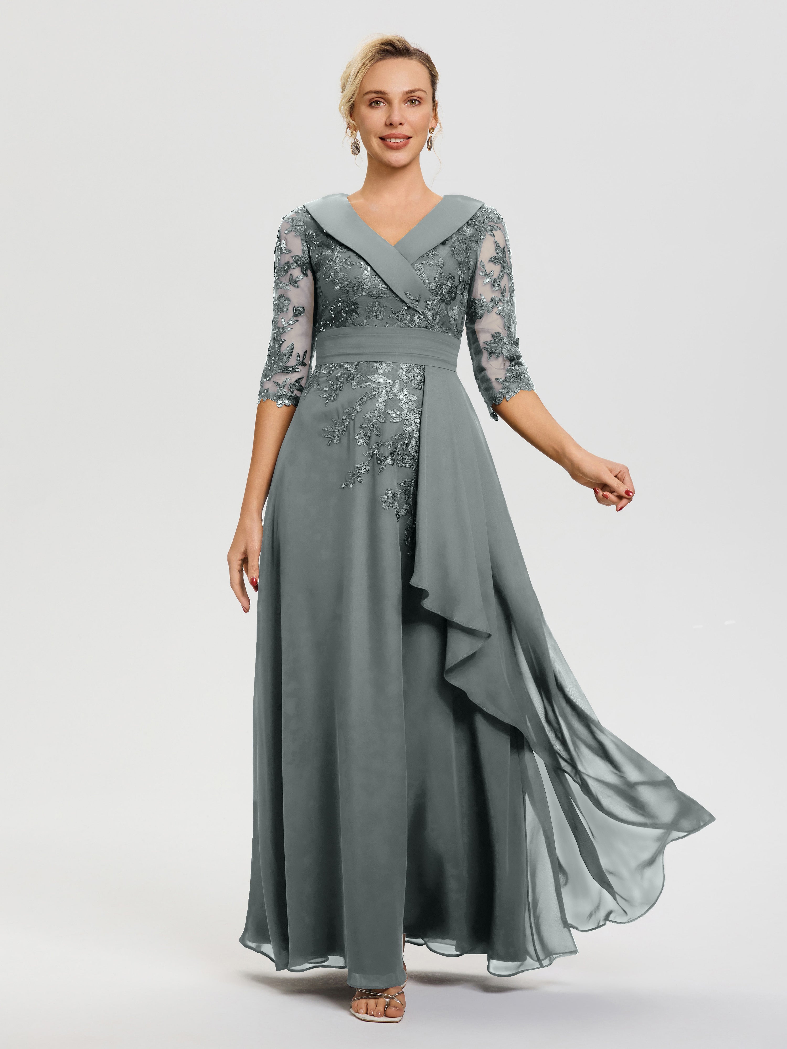 Robe Mère Marié Gris Acier Col V Mousseline&Dentelle Robe Cérémonie Mère De La Mariée
