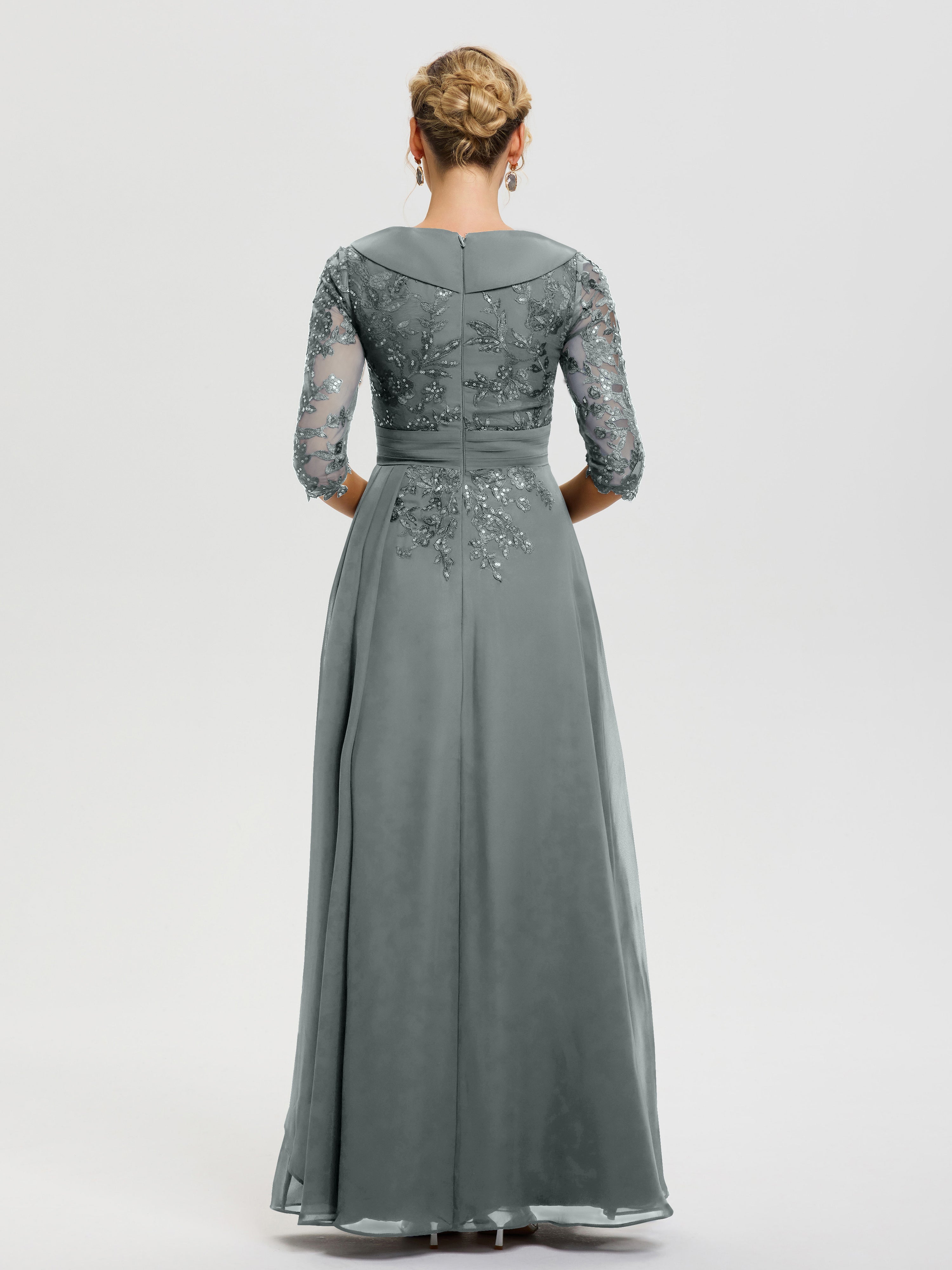 Robe Mère Marié Gris Acier Col V Mousseline&Dentelle Robe Cérémonie Mère De La Mariée
