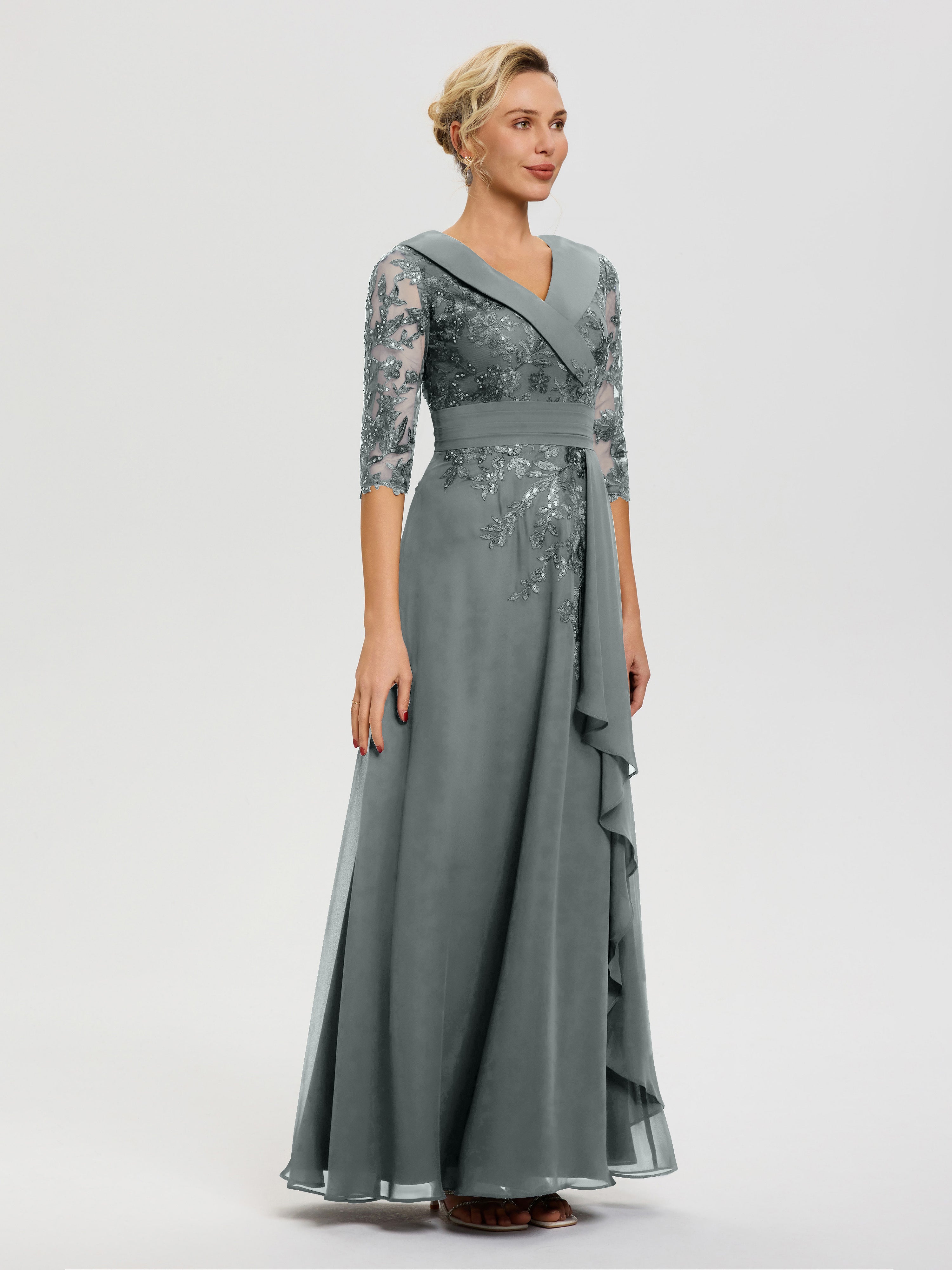 Robe Mère Marié Gris Acier Col V Mousseline&Dentelle Robe Cérémonie Mère De La Mariée