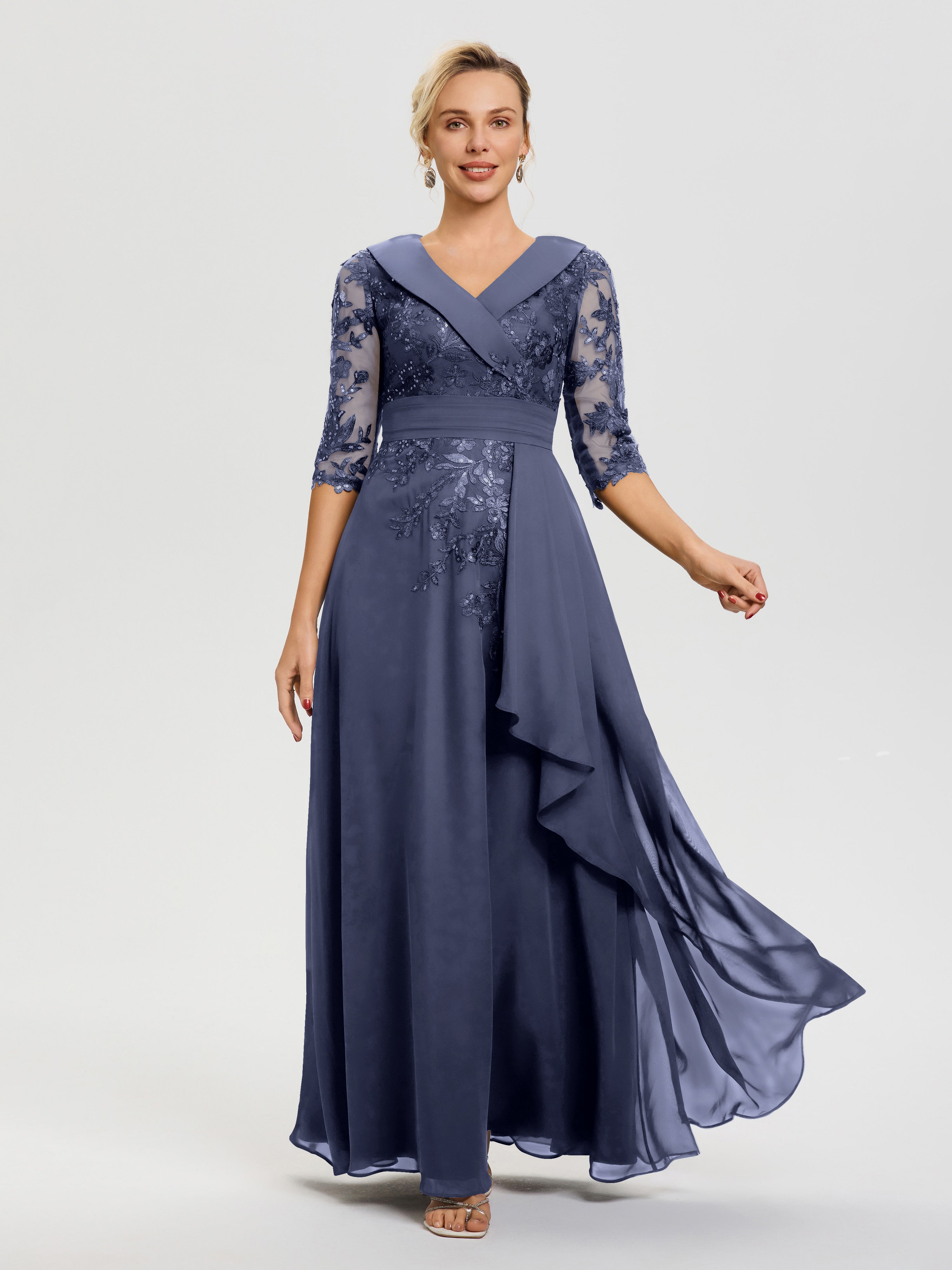 Robe Mère Marié Orageux Col V Mousseline&Dentelle Robe Cérémonie Mère De La Mariée