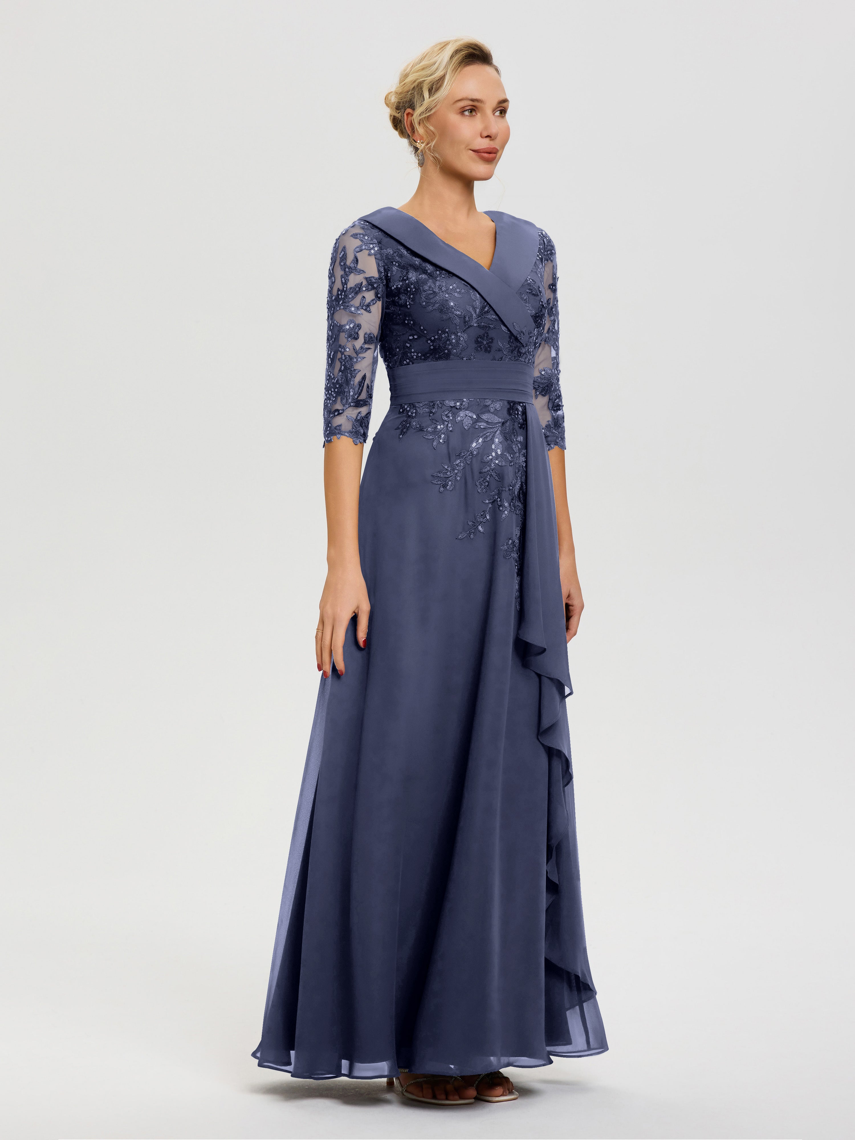 Robe Mère Marié Orageux Col V Mousseline&Dentelle Robe Cérémonie Mère De La Mariée