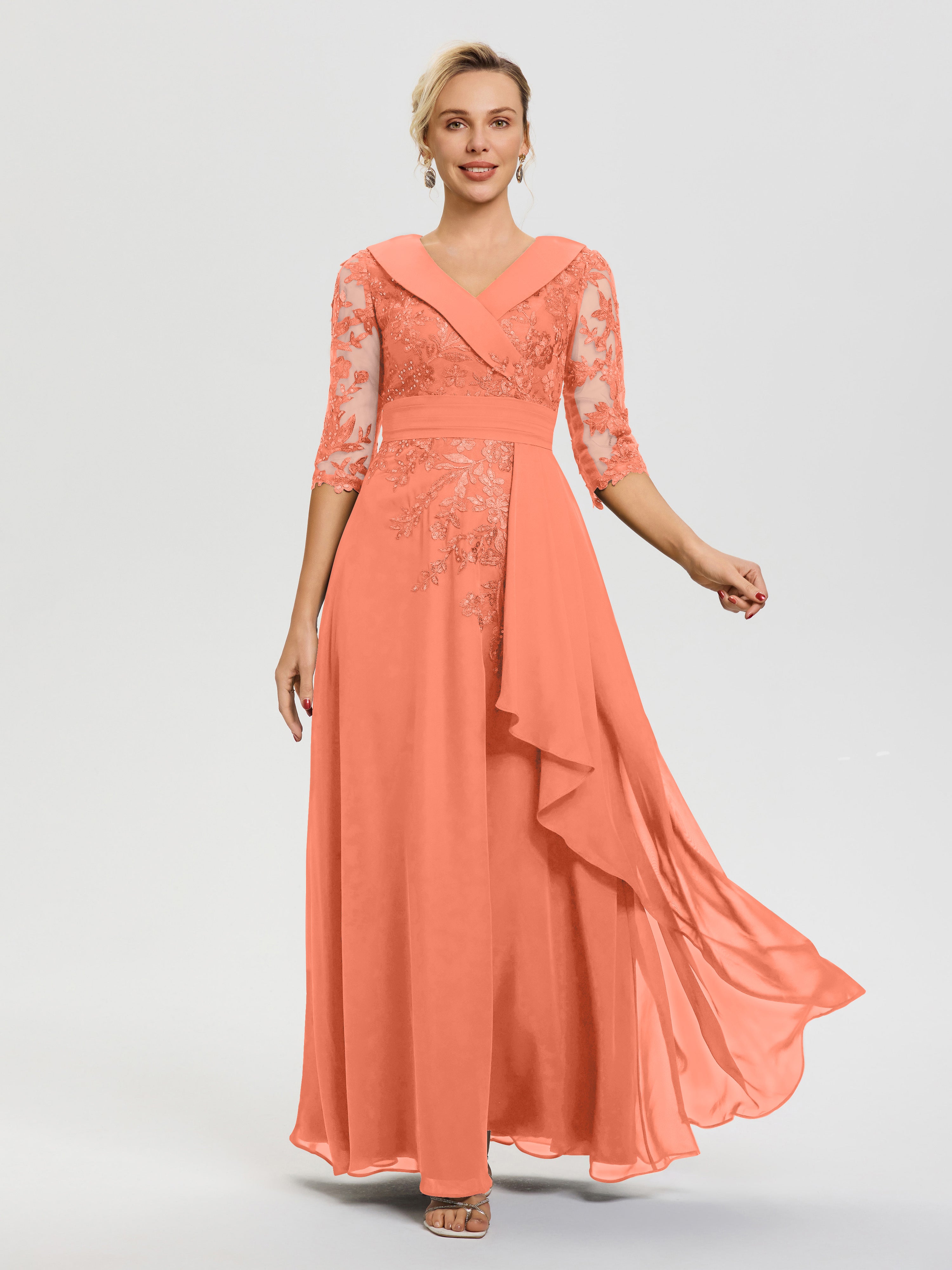 Robe Mère Marié Coucher De Soleil Col V Mousseline&Dentelle Robe Cérémonie Mère De La Mariée