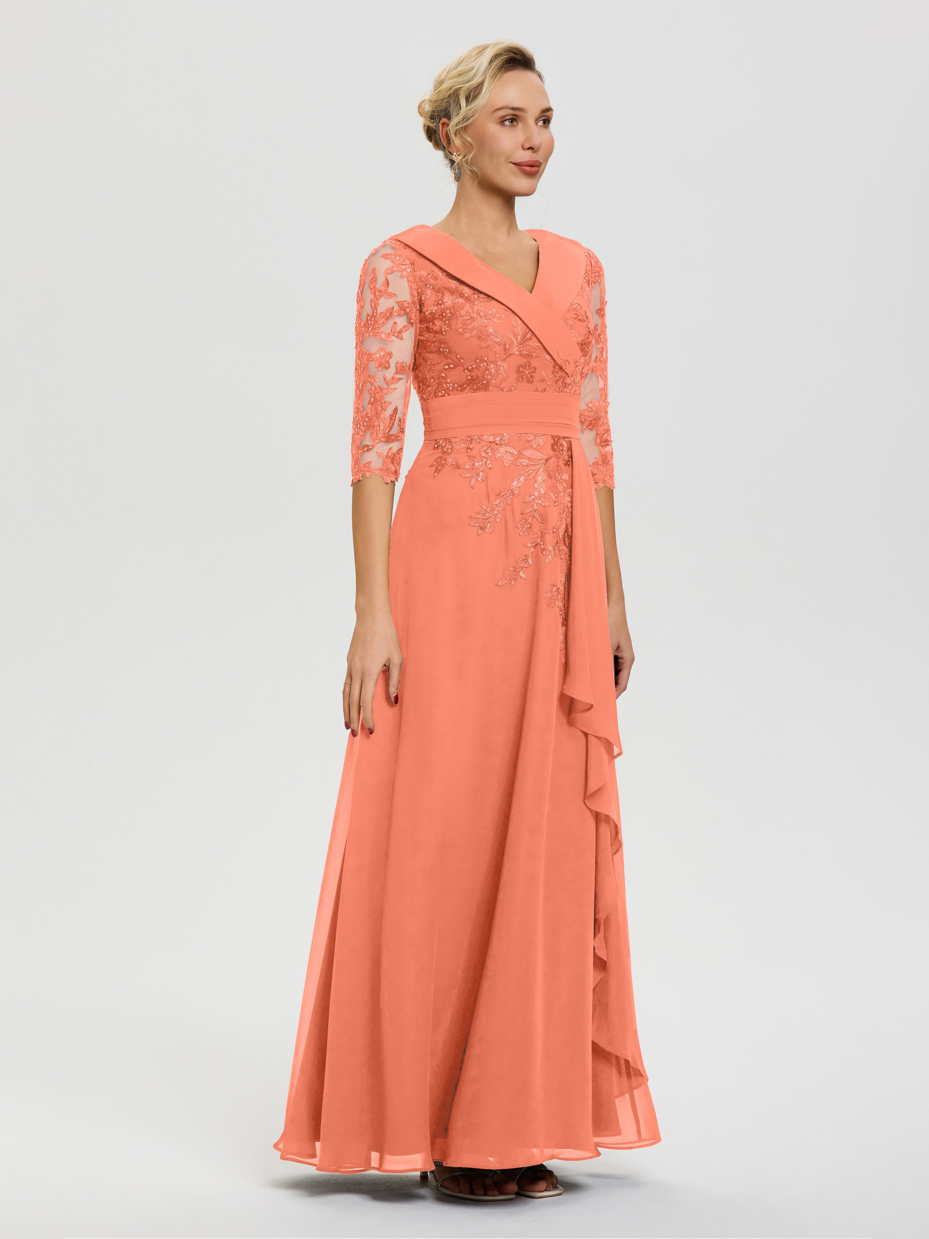 Robe Mère Marié Coucher De Soleil Col V Mousseline&Dentelle Robe Cérémonie Mère De La Mariée