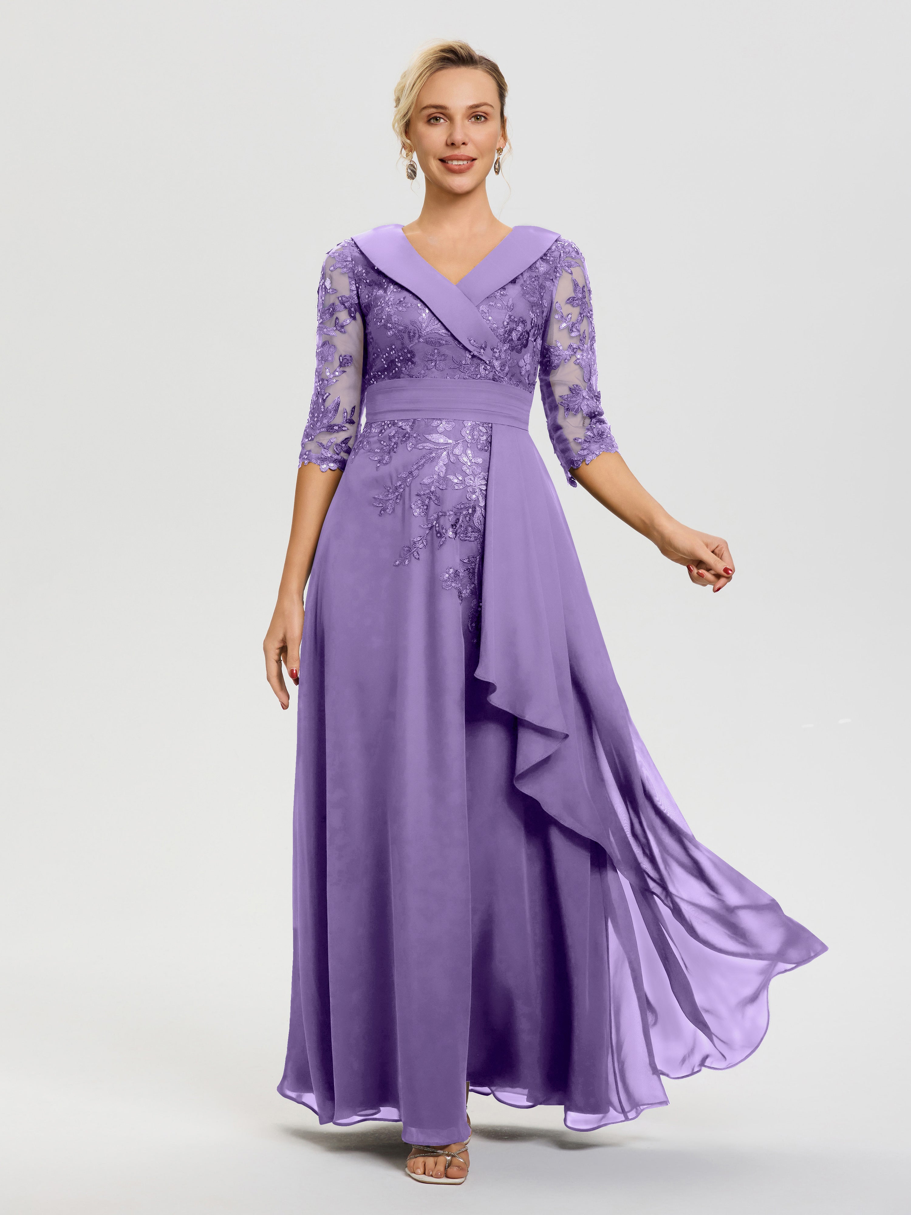 Robe Cérémonie Mariage Mère Du Marié Tahiti Col V Mousseline&Dentelle Robe Cérémonie Mère De La Mariée