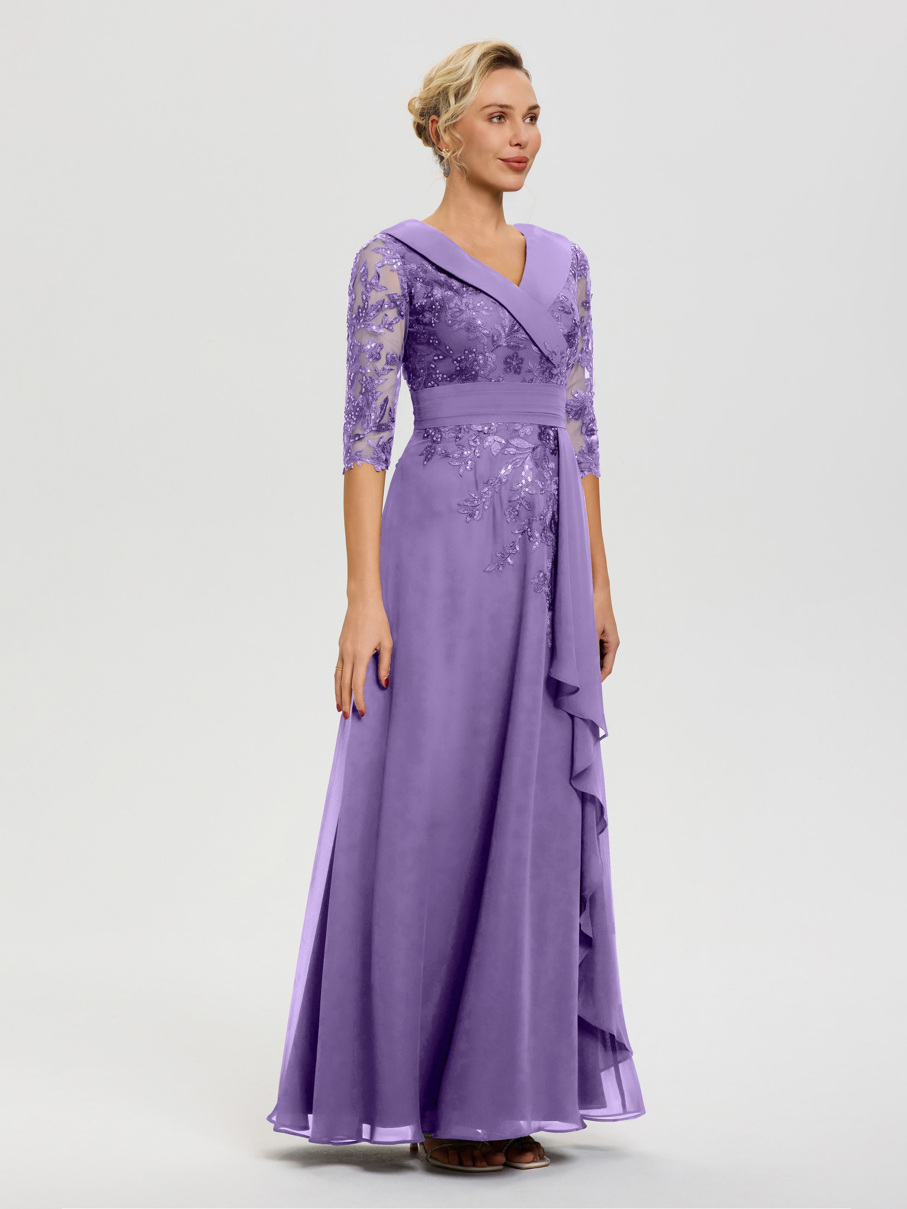 Robe Cérémonie Mariage Mère Du Marié Tahiti Col V Mousseline&Dentelle Robe Cérémonie Mère De La Mariée