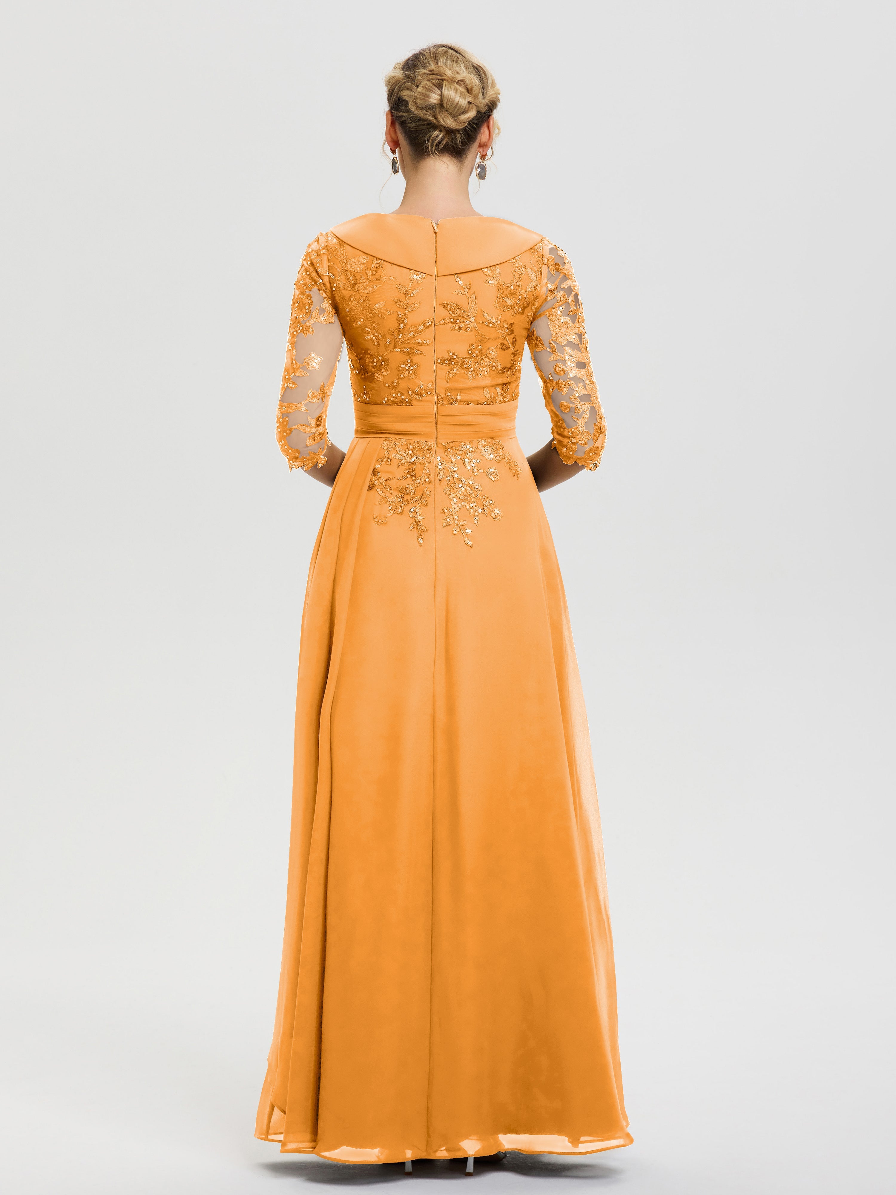 Robe Mère Marié Mandarine Col V Mousseline&Dentelle Robe Cérémonie Mère De La Mariée