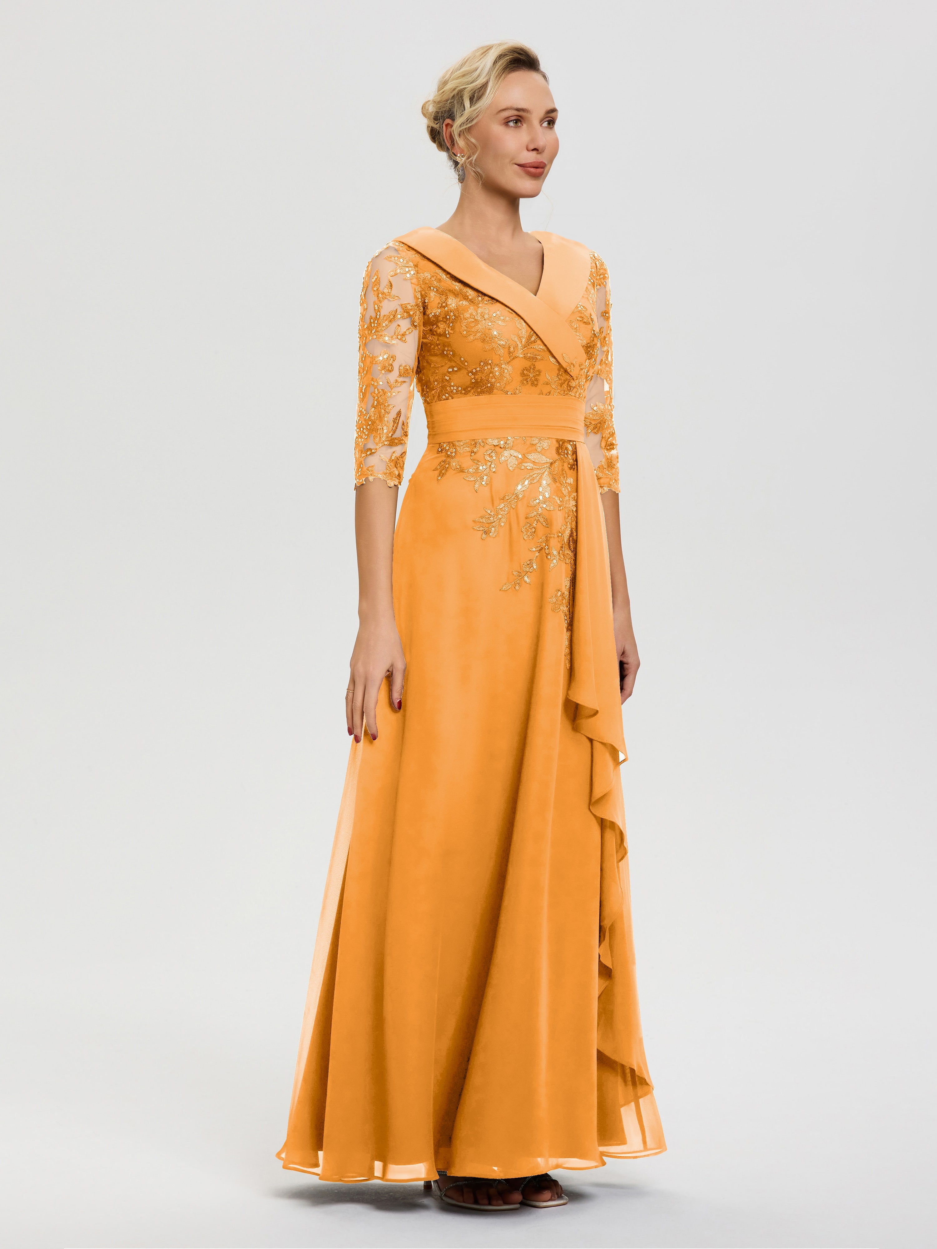 Robe Mère Marié Mandarine Col V Mousseline&Dentelle Robe Cérémonie Mère De La Mariée