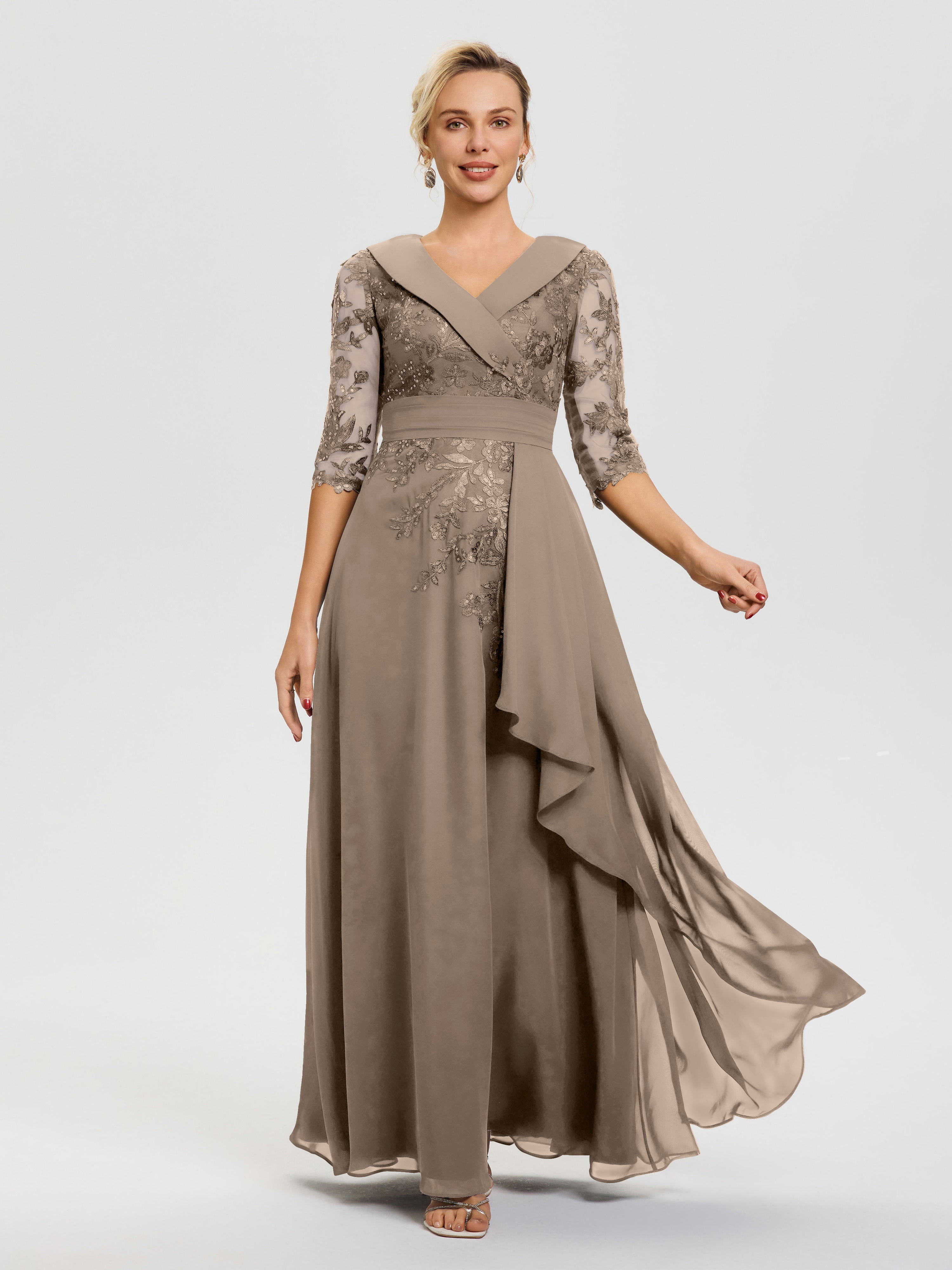 Robe Mère Mariee Taupe Col V Mousseline&Dentelle Robe Cérémonie Mère De La Mariée