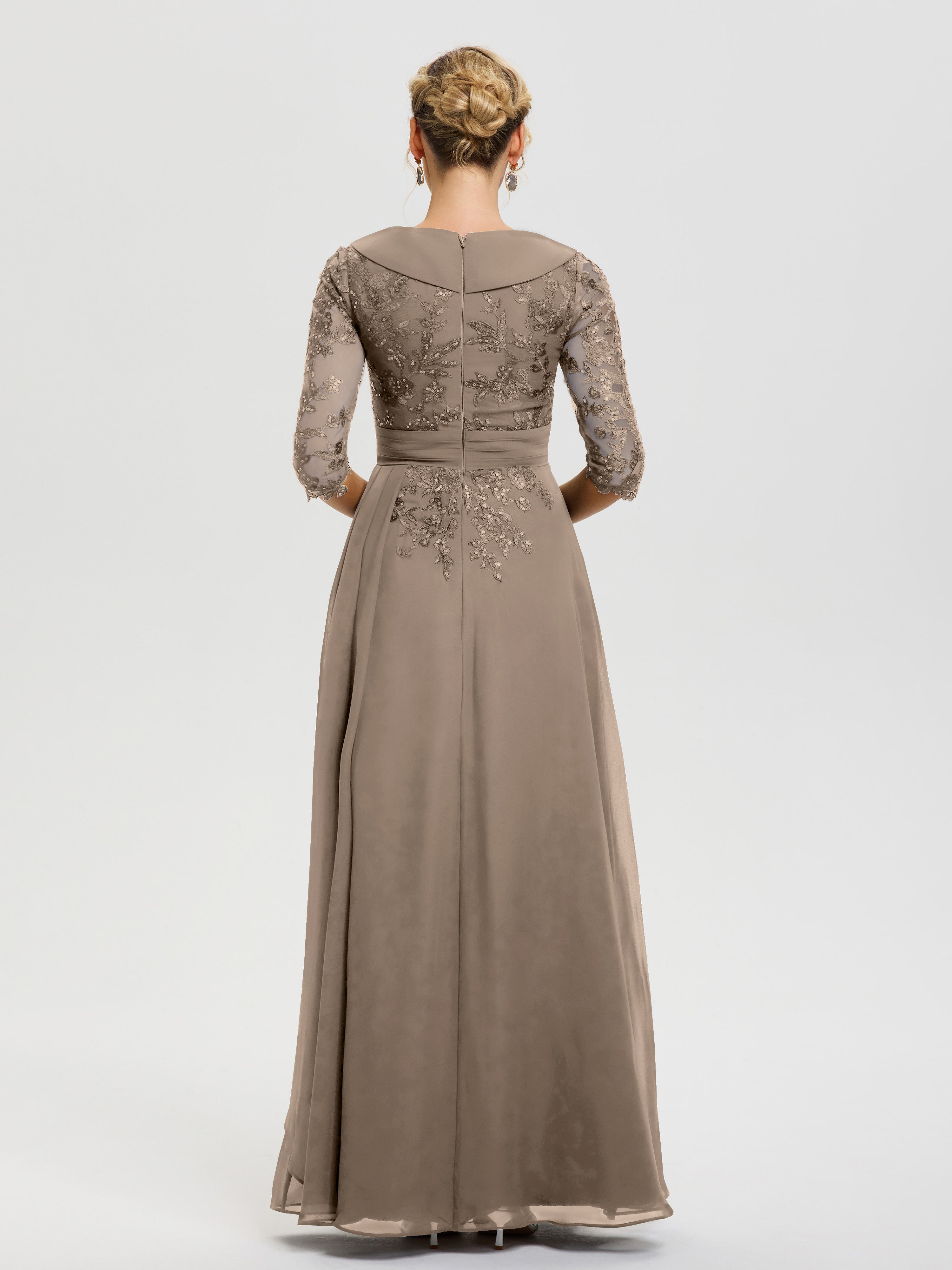 Robe Mère Mariee Taupe Col V Mousseline&Dentelle Robe Cérémonie Mère De La Mariée