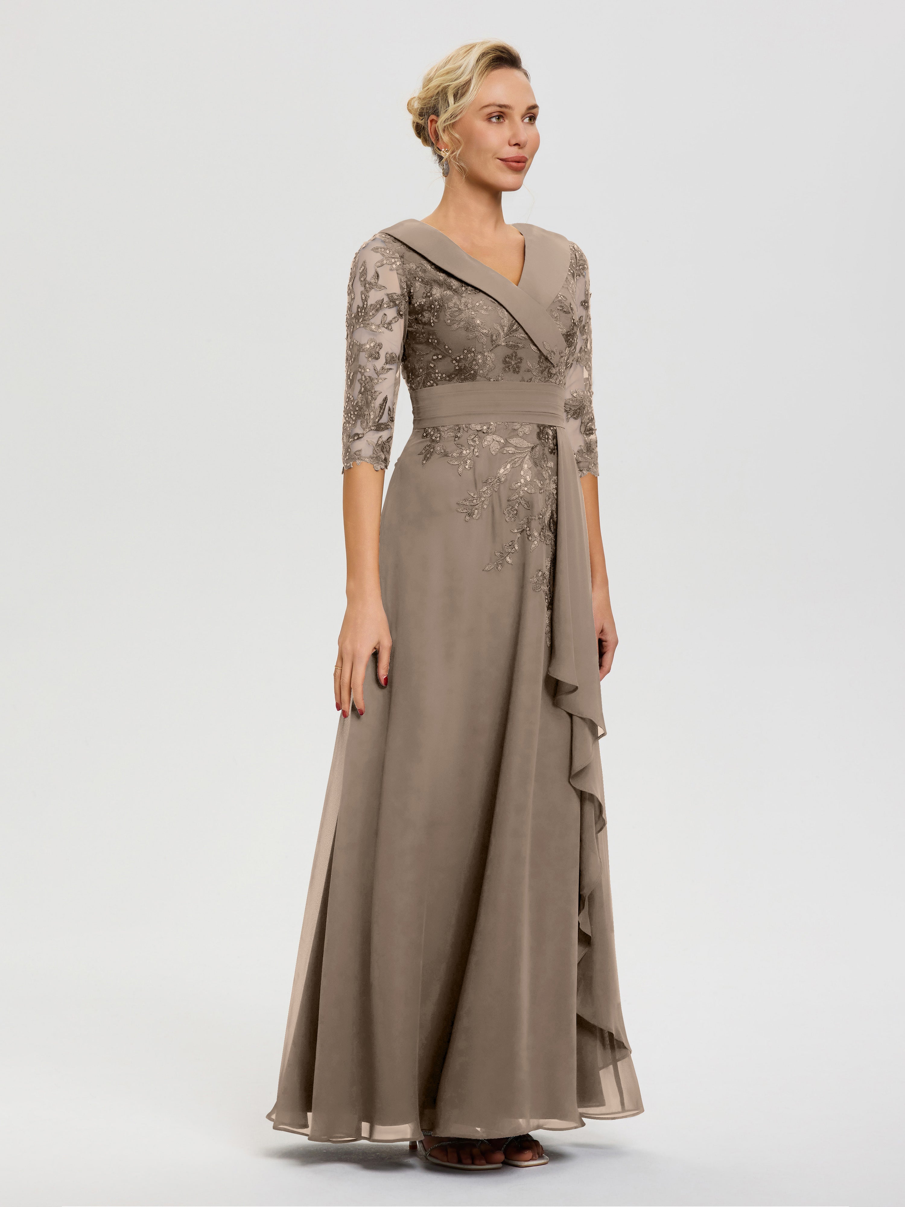Robe Mère Mariee Taupe Col V Mousseline&Dentelle Robe Cérémonie Mère De La Mariée
