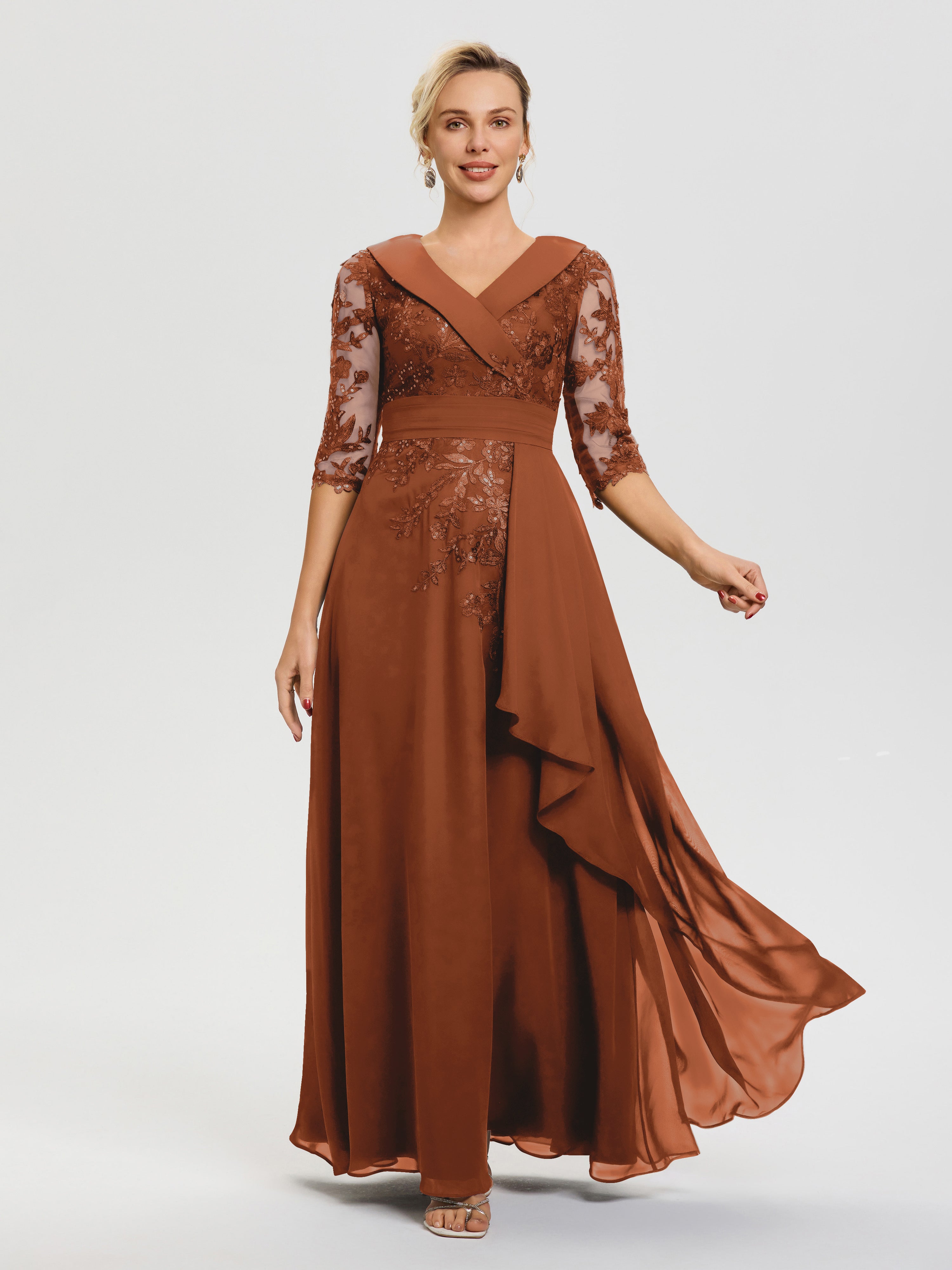 Robe Mere De La Mariee Terracotta Col V Mousseline&Dentelle Robe Cérémonie Mère De La Mariée