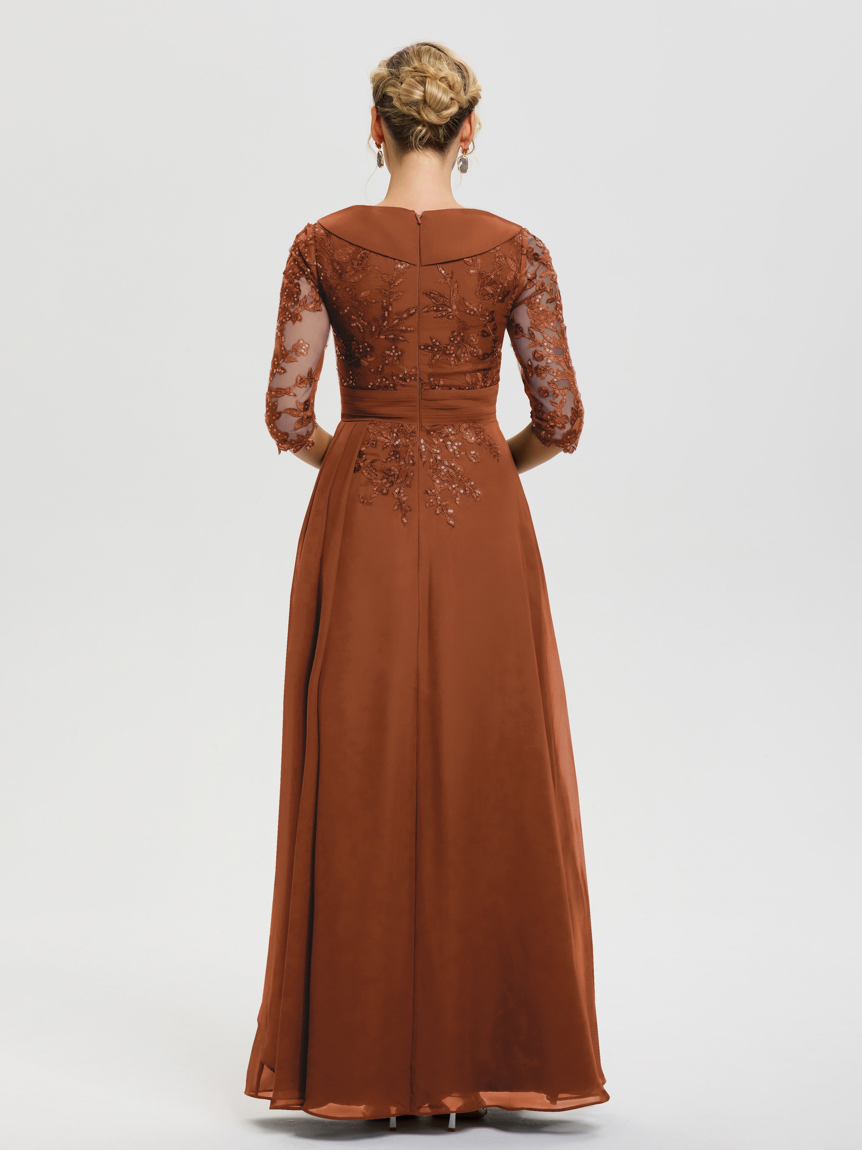 Robe Mere De La Mariee Terracotta Col V Mousseline&Dentelle Robe Cérémonie Mère De La Mariée