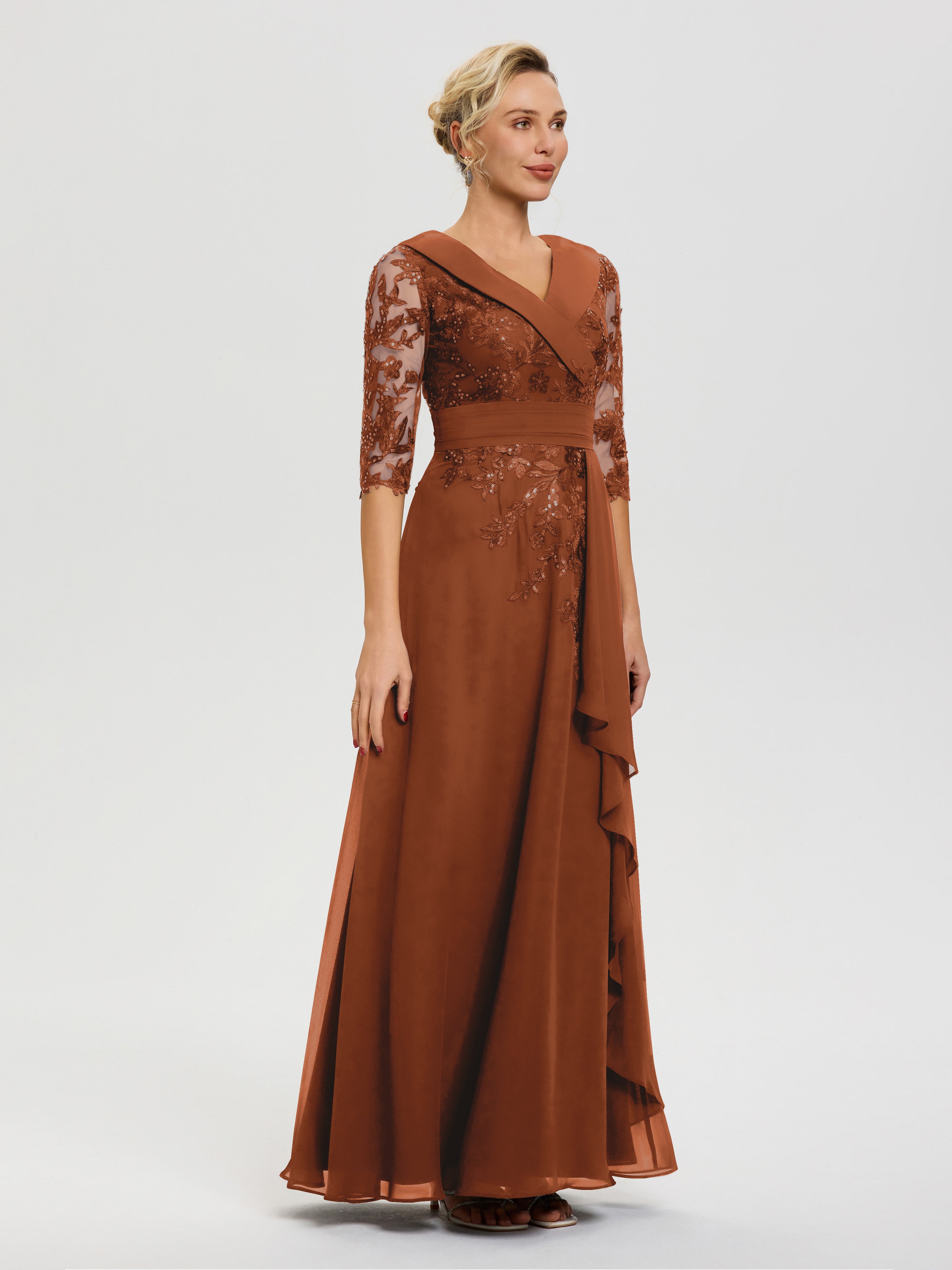 Robe Mere De La Mariee Terracotta Col V Mousseline&Dentelle Robe Cérémonie Mère De La Mariée