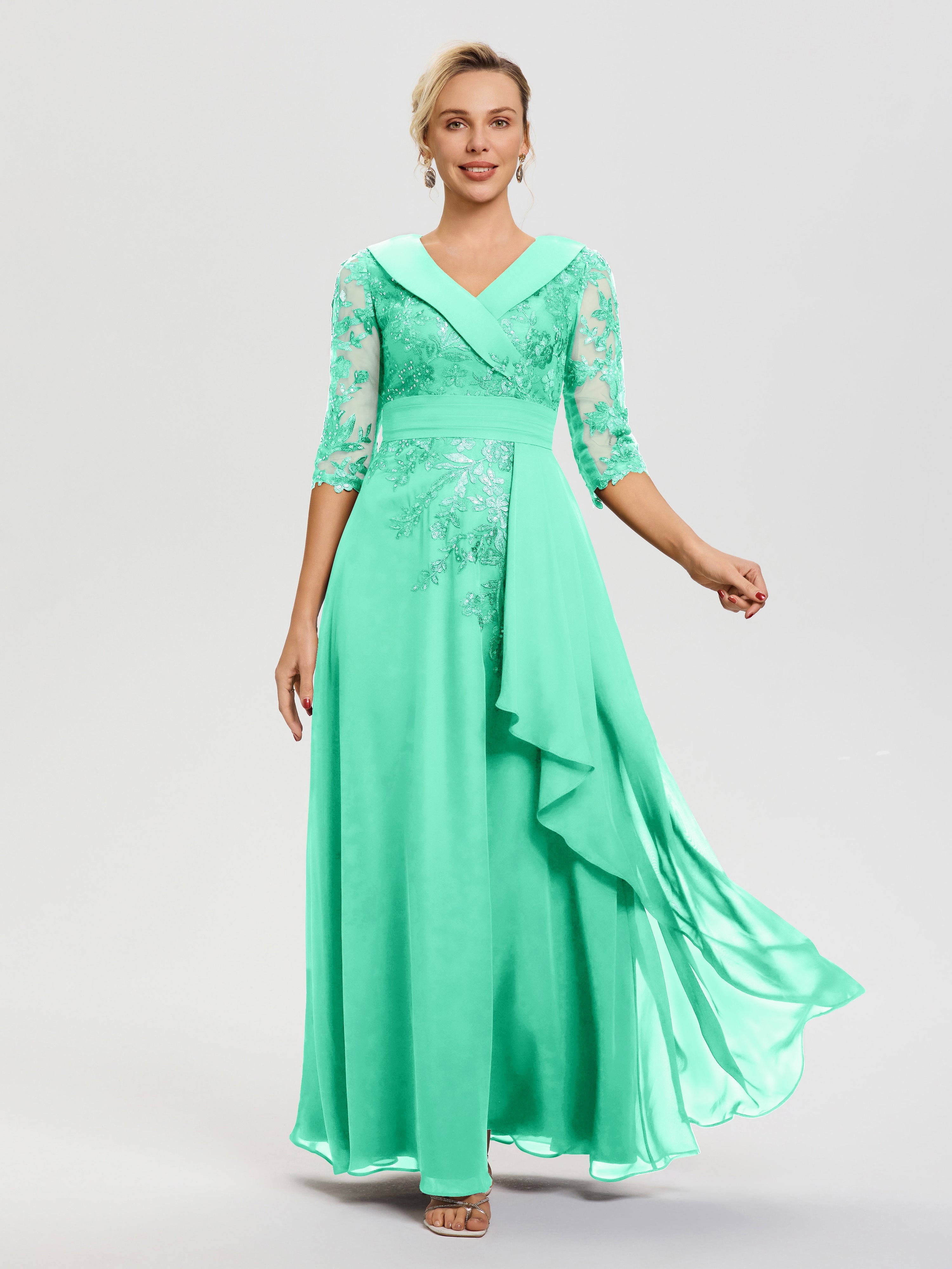 Robe Cérémonie Mariage Mère Du Marié Turquoise Col V Mousseline&Dentelle Robe Cérémonie Mère De La Mariée