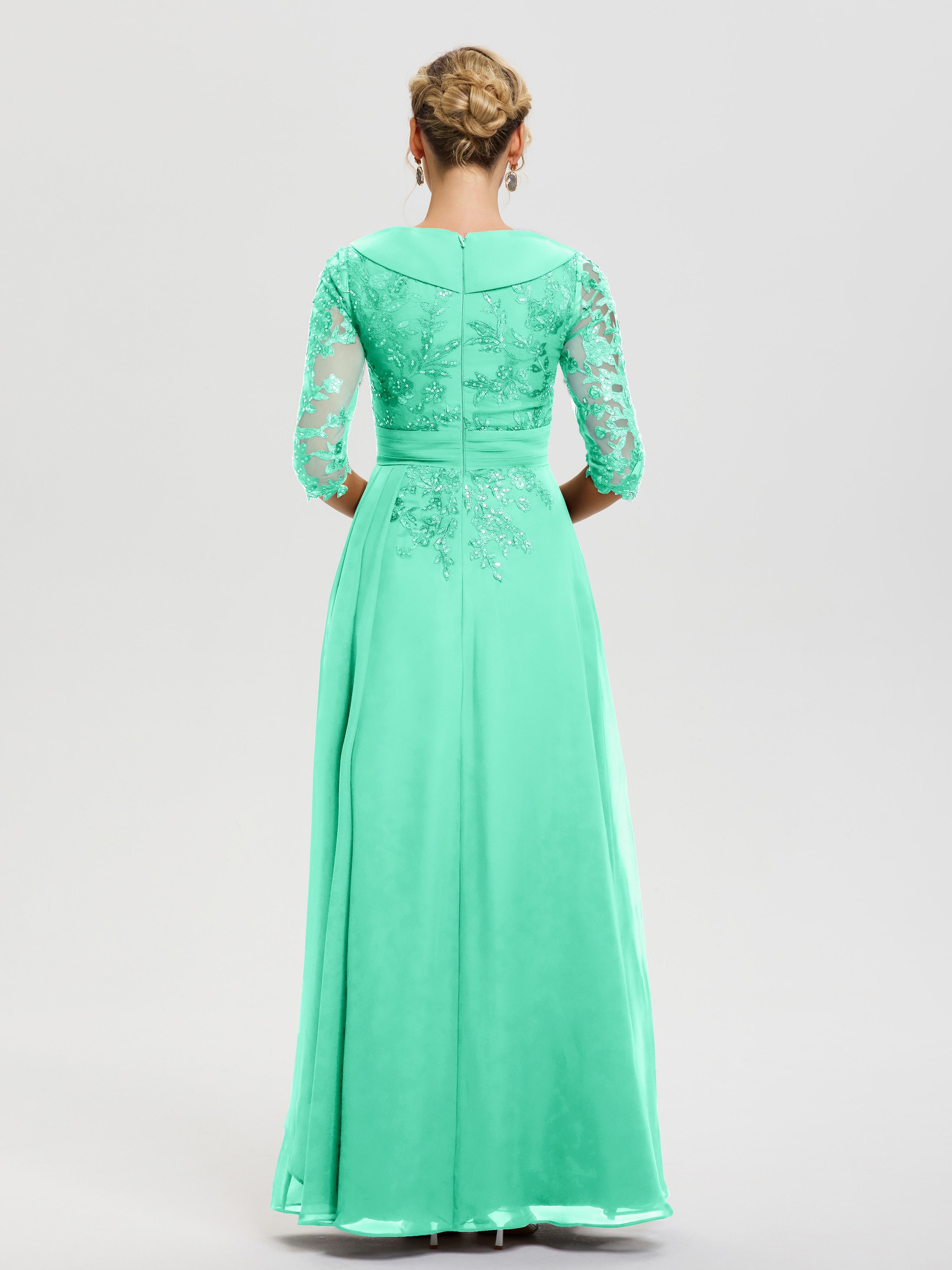 Robe Cérémonie Mariage Mère Du Marié Turquoise Col V Mousseline&Dentelle Robe Cérémonie Mère De La Mariée