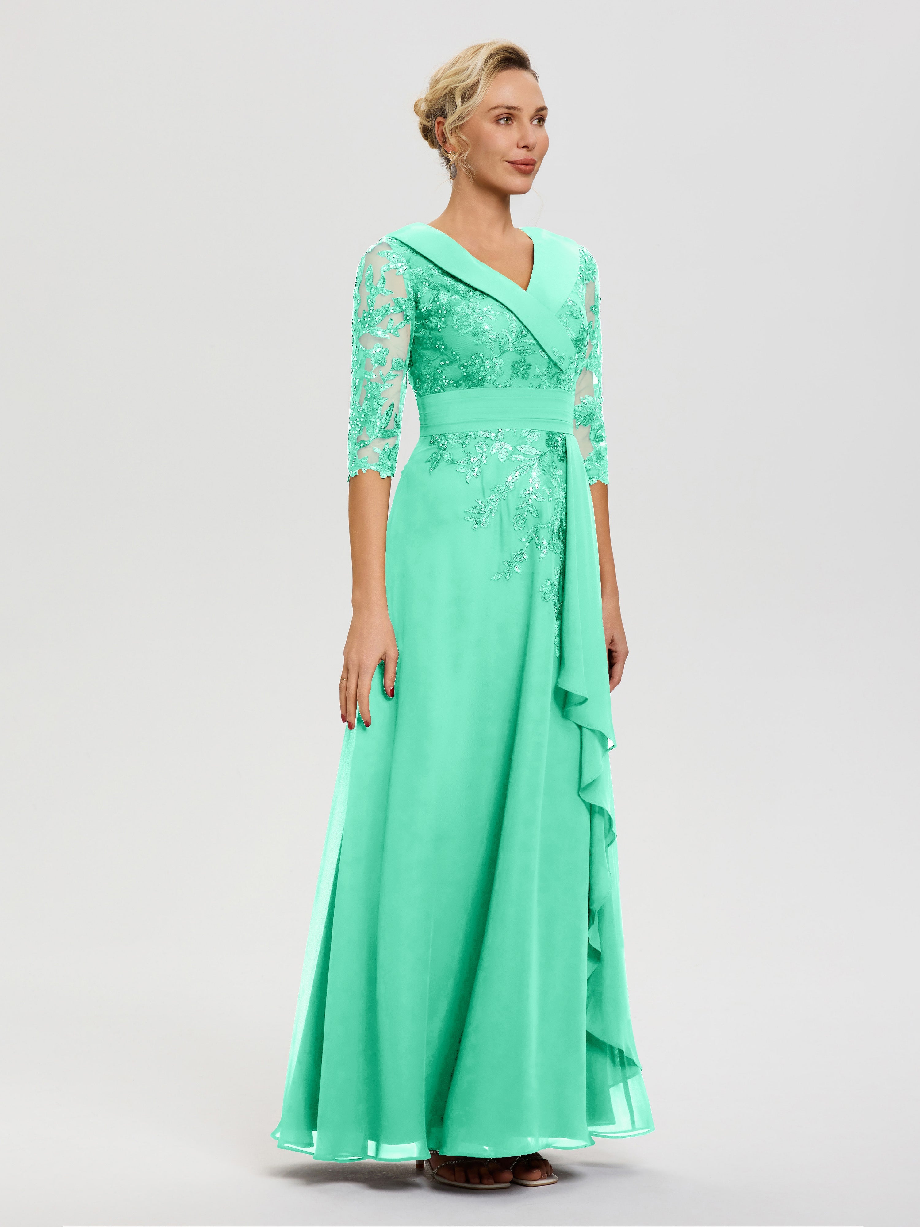 Robe Cérémonie Mariage Mère Du Marié Turquoise Col V Mousseline&Dentelle Robe Cérémonie Mère De La Mariée