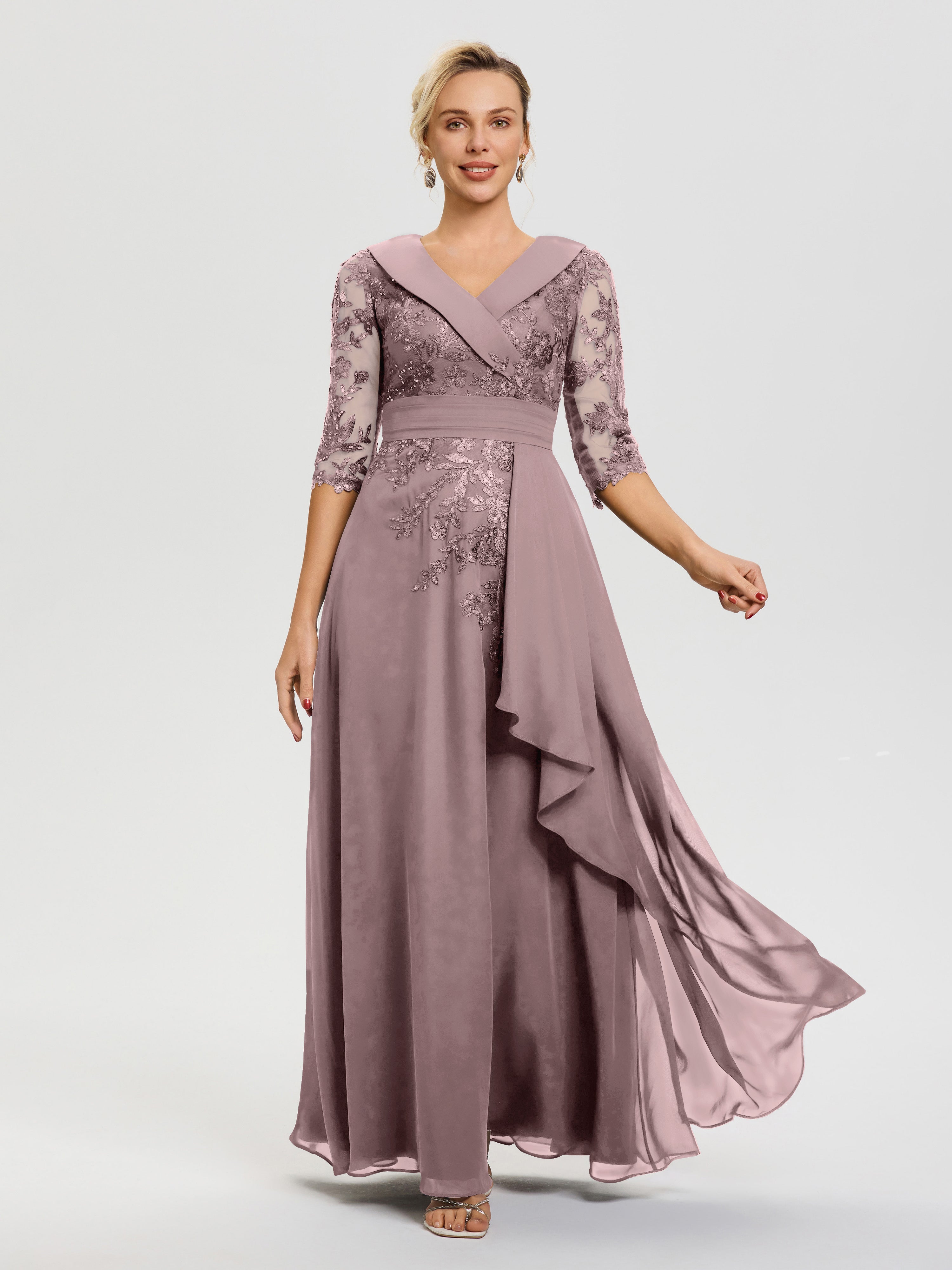 Robe Cérémonie Mariage Mère Du Marié Vintage Mauve Col V Mousseline&Dentelle Robe Cérémonie Mère De La Mariée