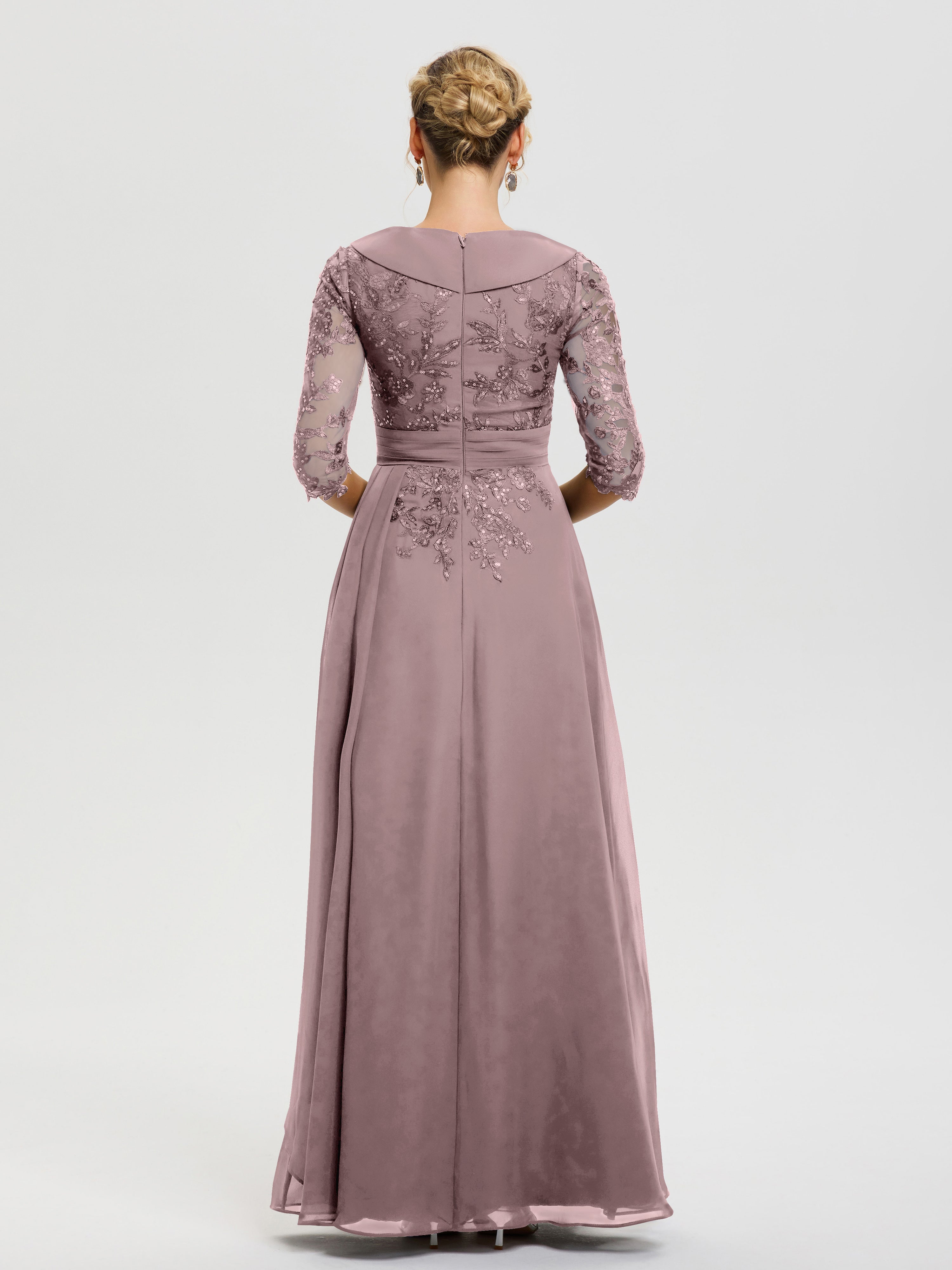 Robe Cérémonie Mariage Mère Du Marié Vintage Mauve Col V Mousseline&Dentelle Robe Cérémonie Mère De La Mariée